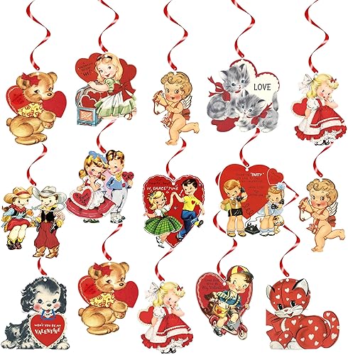 24Pcs Vintage Valentine's Day Hanging Swirls Decorations Retro Red Heart Ceiling Streamers Antique Victorian Party Decoration Supplies for Classroom