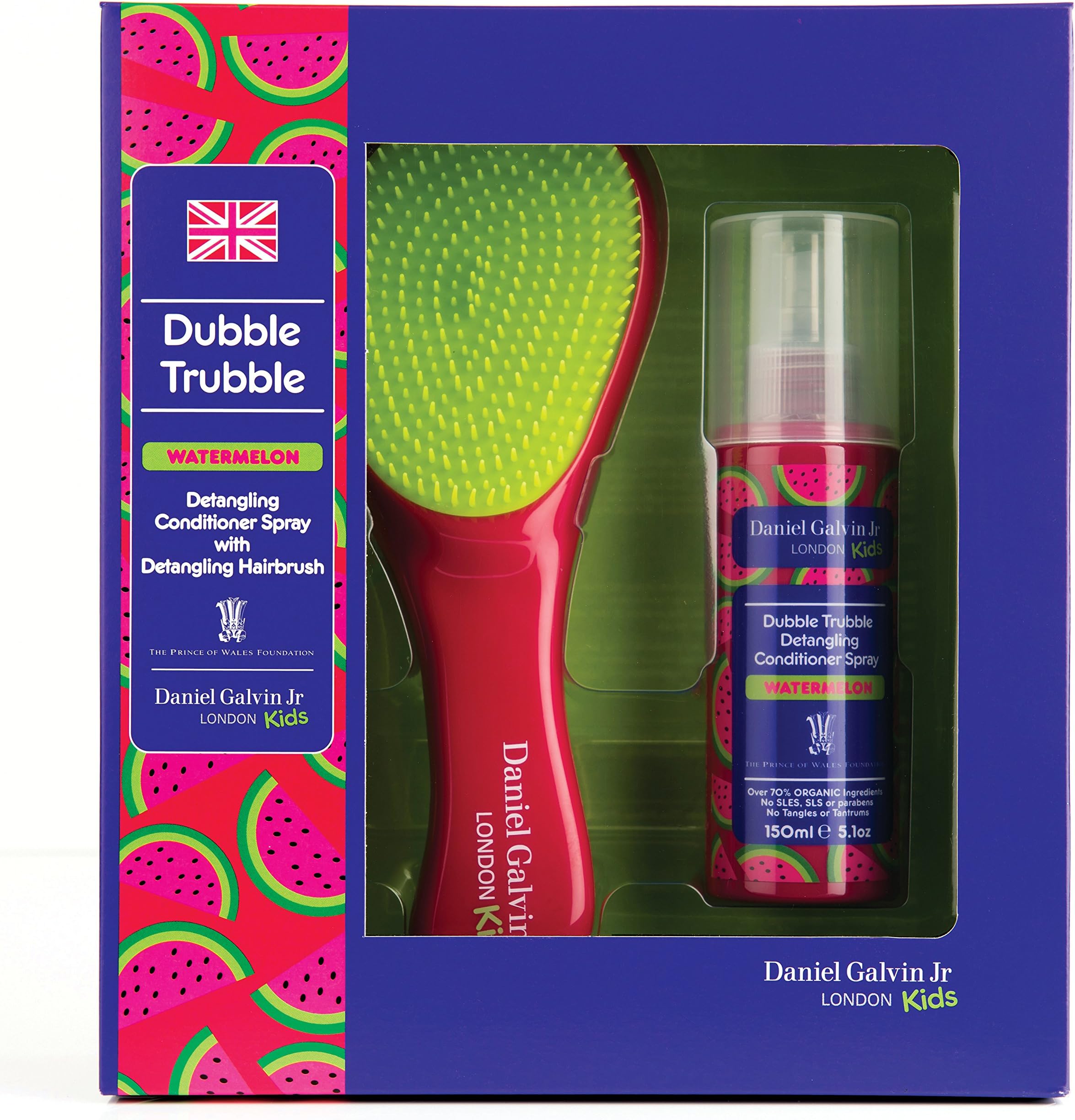 Daniel Galvin Jr Dubble Trubble Watermelon Detangling Conditioner Spray (150ml) 70% Organic with Detangling Hairbrush 2-in-1 Set