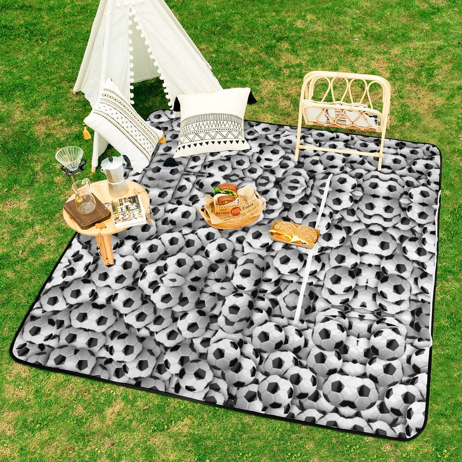 Tappetino da picnic con cerniera, coperta da picnic con pallone da calcio, tappeti da esterno, 150 cm x 150 cm