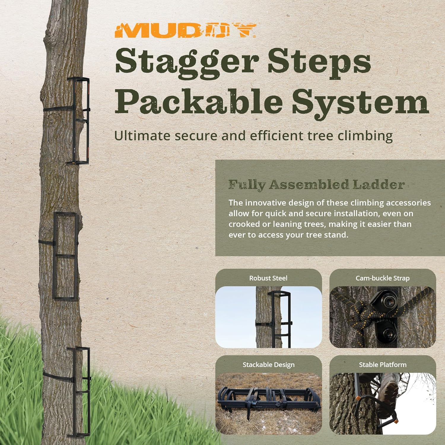 Muddy Outdoors Stagger Steps Packable Rock Solid Steel Ladder System for Tree Climbing & Use on Crooked or Leaning Trees - 12.25' Total Height / 3 Sections/Single Step/Stick or 3-Pack