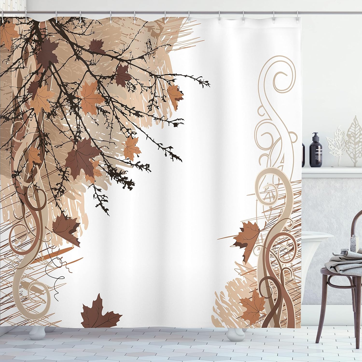 Ambesonne Nature Shower Curtain, Autumn Maple Leaves Branches in Fall Earthen Tones Faded Woodland Art Print, Cloth Fabric Bathroom Decor Set with Hooks, 69" W x 70" L, Pale Brown