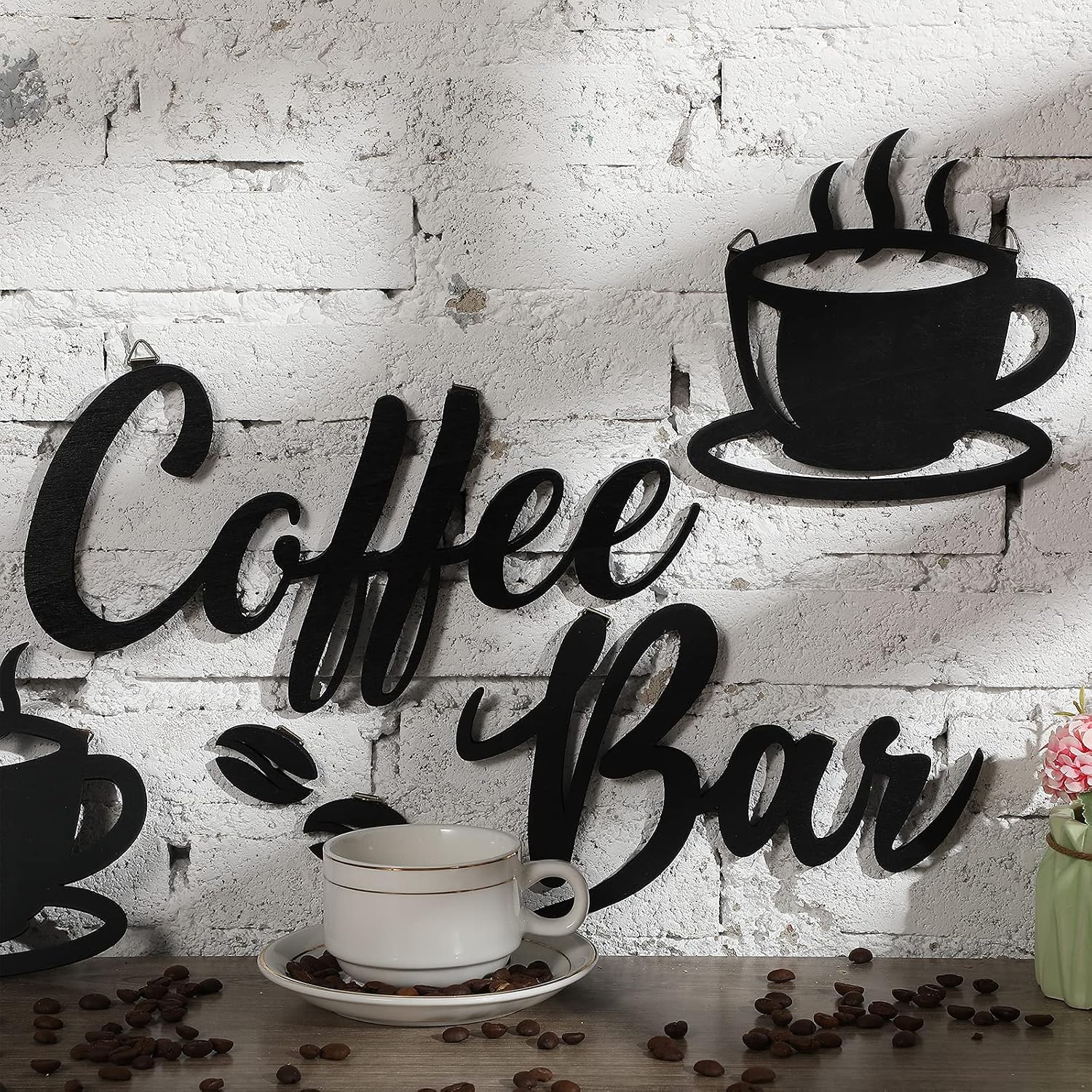 7 Pieces Coffee Time Rustic Sign Coffee Wall Art Coffee Sign Wall Decor with Coffee Beans and Coffee Cups Sign for Coffee Bar Home Office Kitchen (Classic Style)