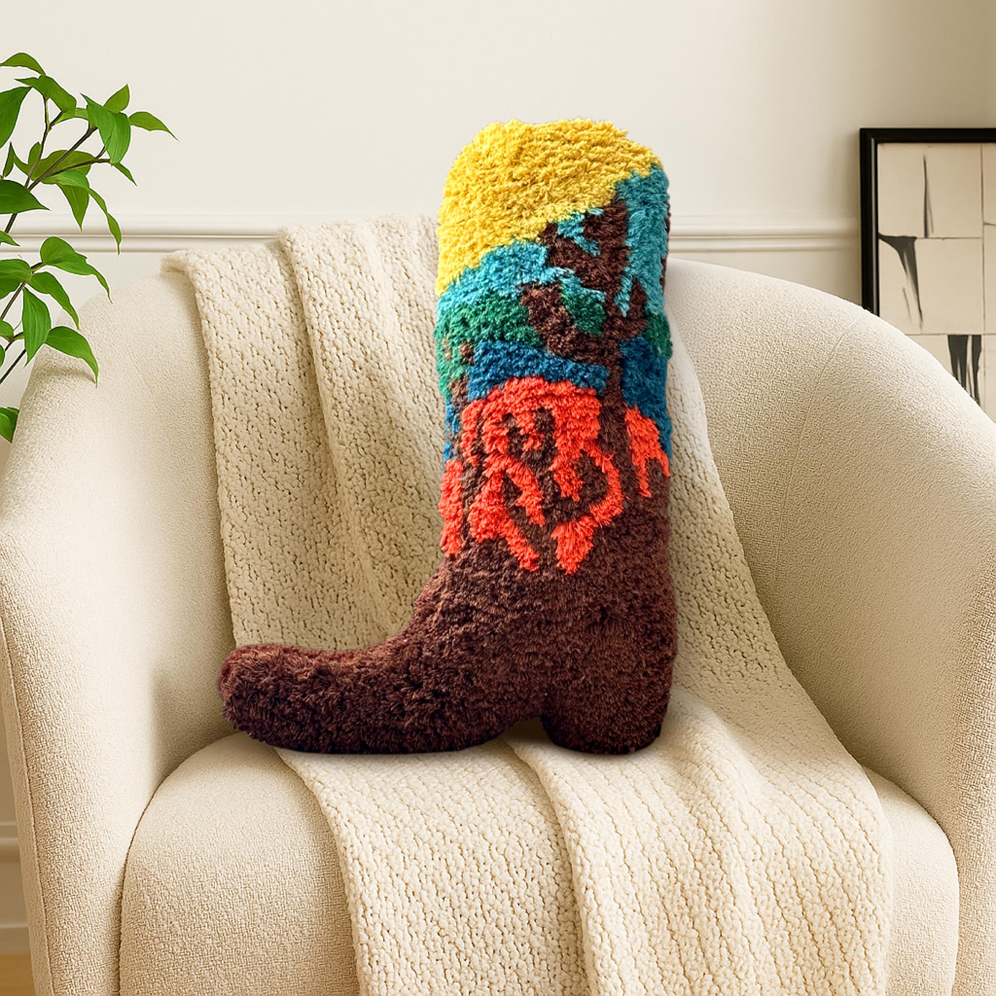 Cowboy Boot Pillow for Western Farmhouse Decor 3D Embroidered Velvet Cowboy Throw Pillow with Resilient Fill for Boho