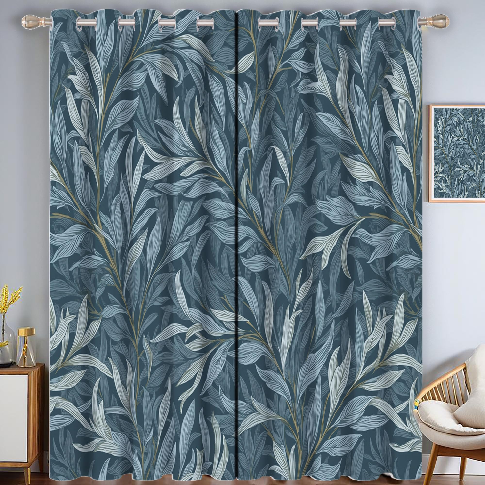 Rideaux Occultants de Haute Qualité Motif Plante Saule Vintage Bleu Gris 140x225
