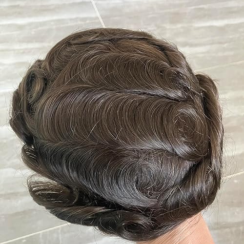 Miniatura 2 de Tupé de poliuretano fino transparente para hombre con bucle en V de 0.002 in, sistema de reemplazo de cabello humano real, tupé para hombres, piel