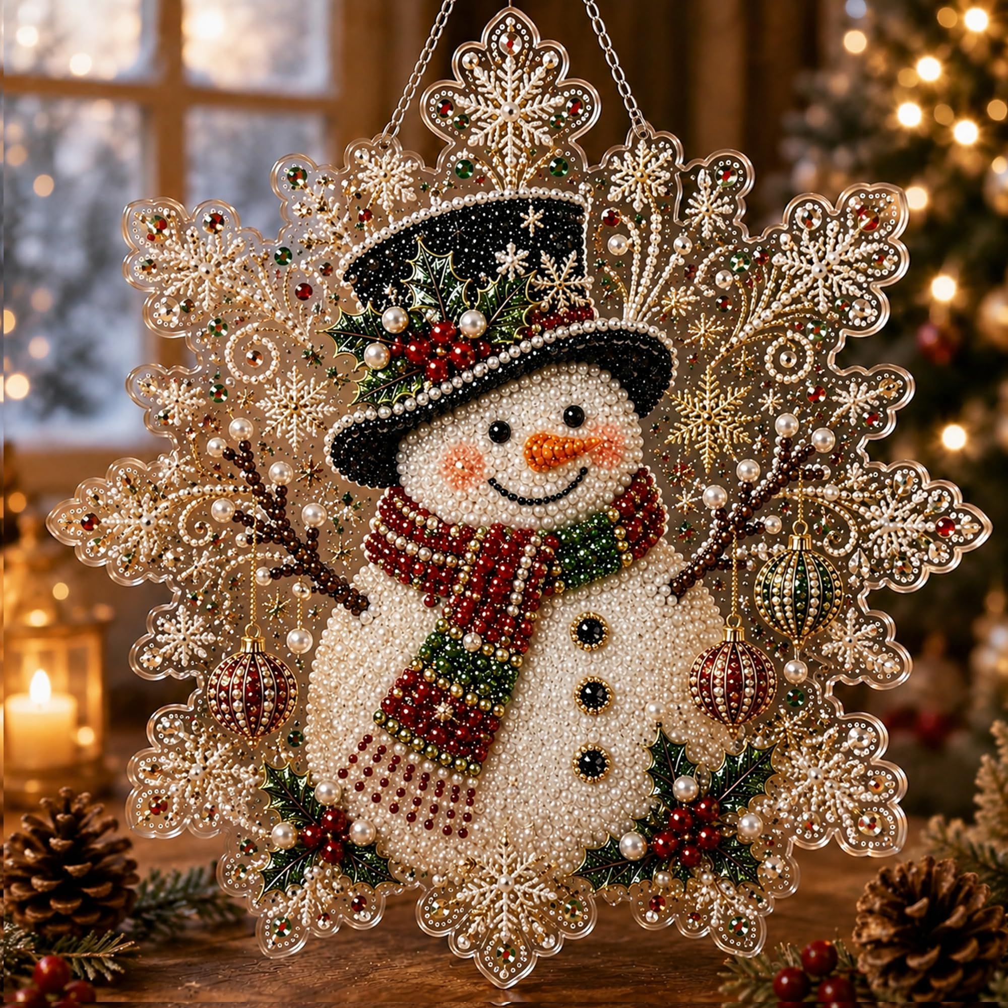 Christmas Diamond Art Kits for Adults, Pearl Diamond Painting Suncatcher Kit DIY Craft 3D Pre-Assembled Metal Chain Acrylic Snowflake Shape Board with Lace Edge Mixed-Sized Pearl Beads Craft