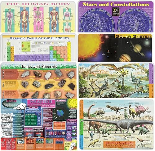 Painless Learning Manteles individuales educativos para niños con cuerpo humano, mesa periódica, rocas y minerales, sistema solar, clima, estrellas,