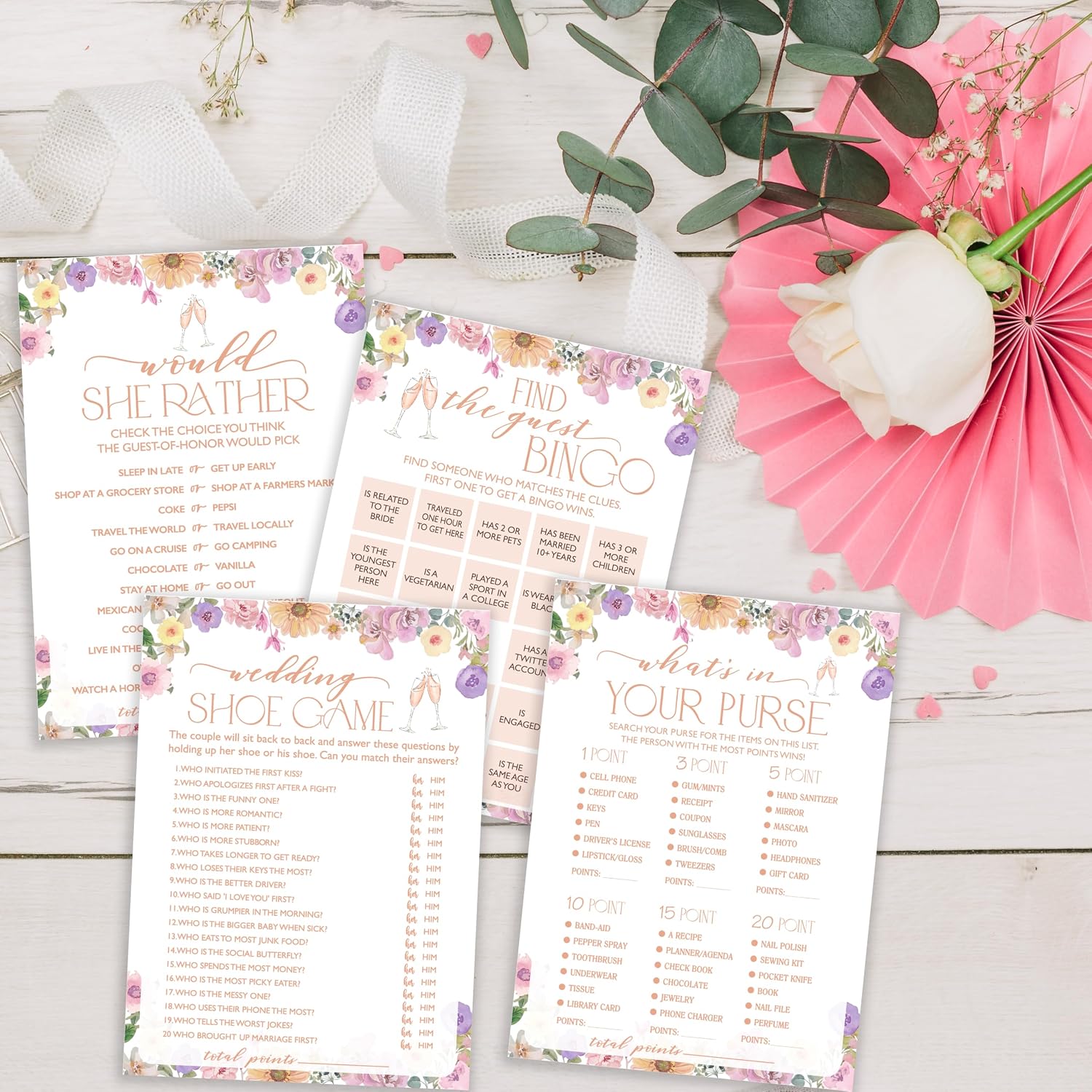 Bridal Shower Game, Find The Guest Bingo, Wedding Shoe, What's In your Purse, Would She Rather, 4 Games for 25 Guests, Engagement Party Supplies, Wedding Favors -Set01 image 4