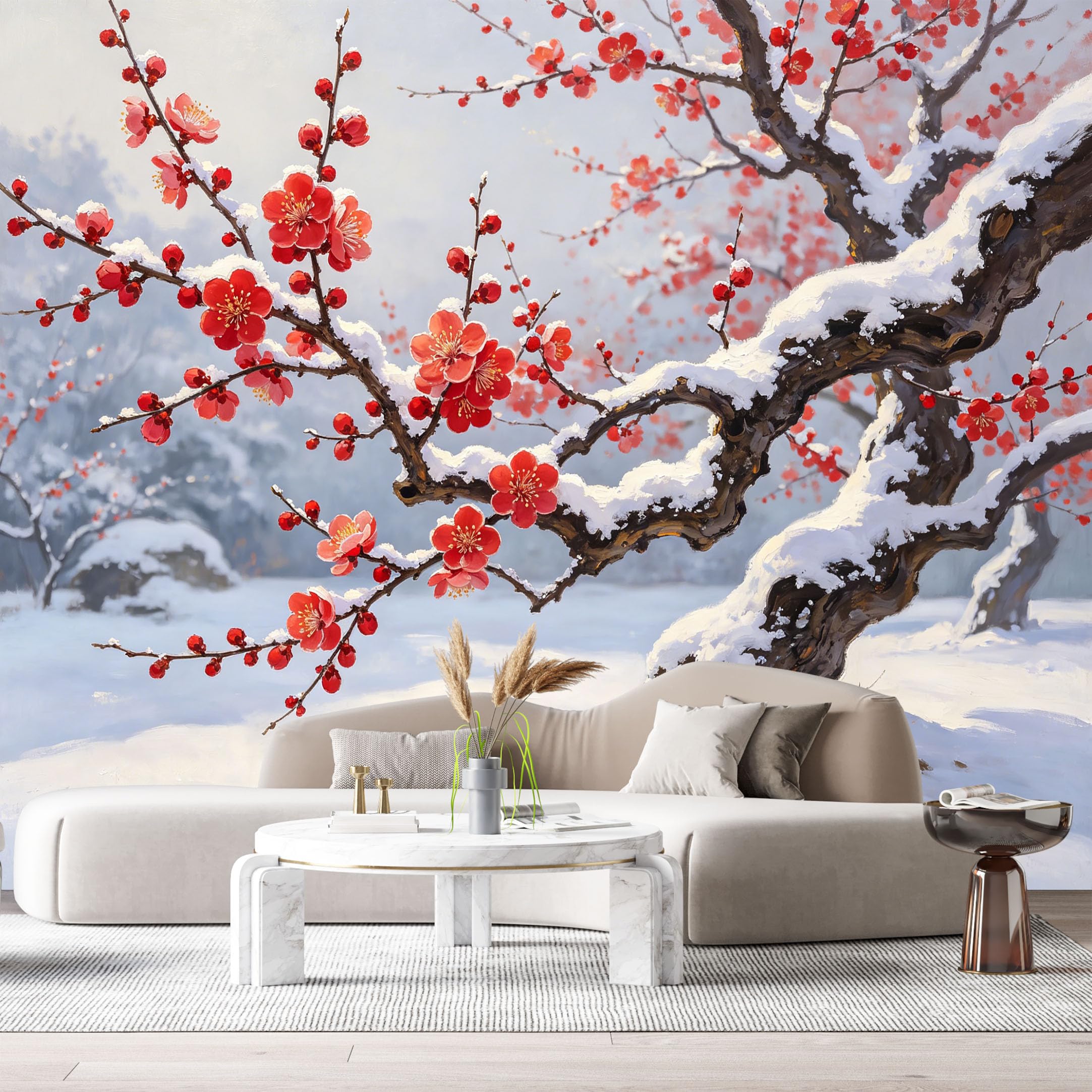 Custom Size Wall Murals Snowy Plum Blossom Landscape Oil Painting Winter Branches Red Flowers SelfAdhesive Wall Fabric Removable Large Wallpaper for Photo Living Room