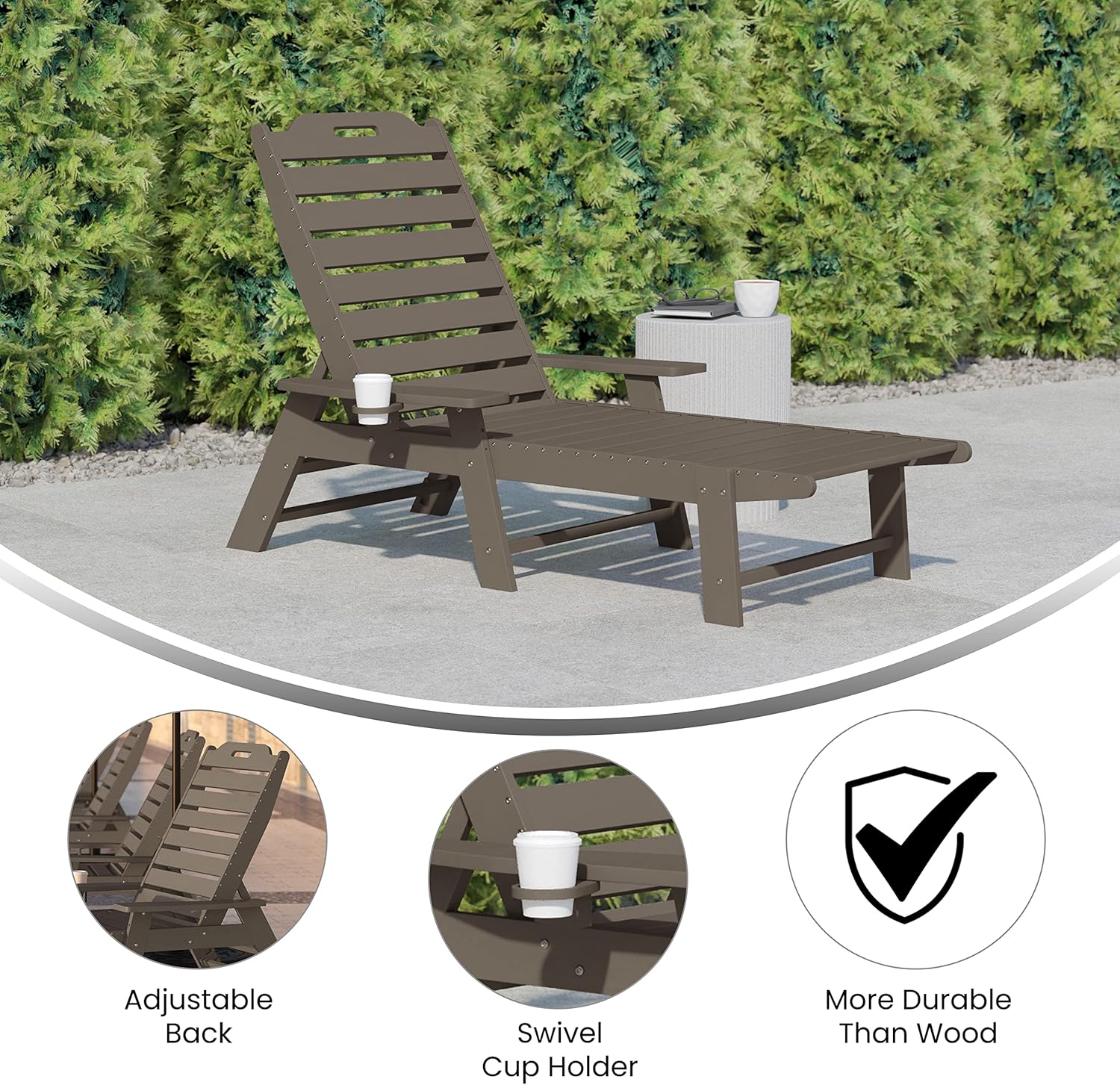 Taylor & Logan Edgley Adjustable Adirondack Lounger with Cup Holder- All-Weather Indoor/Outdoor HDPE Lounge Chair in Brown