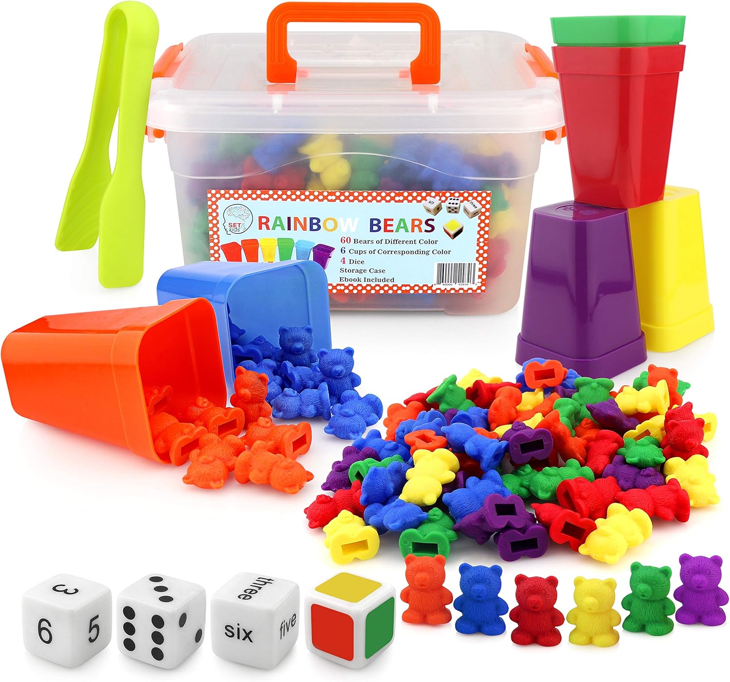 Counting Bears with Matching/Sorting Cups, 4 Dice, Tweezers and an Activity e-Book. for Toddler Games | Early Childhood Education. 71 pc Game Set