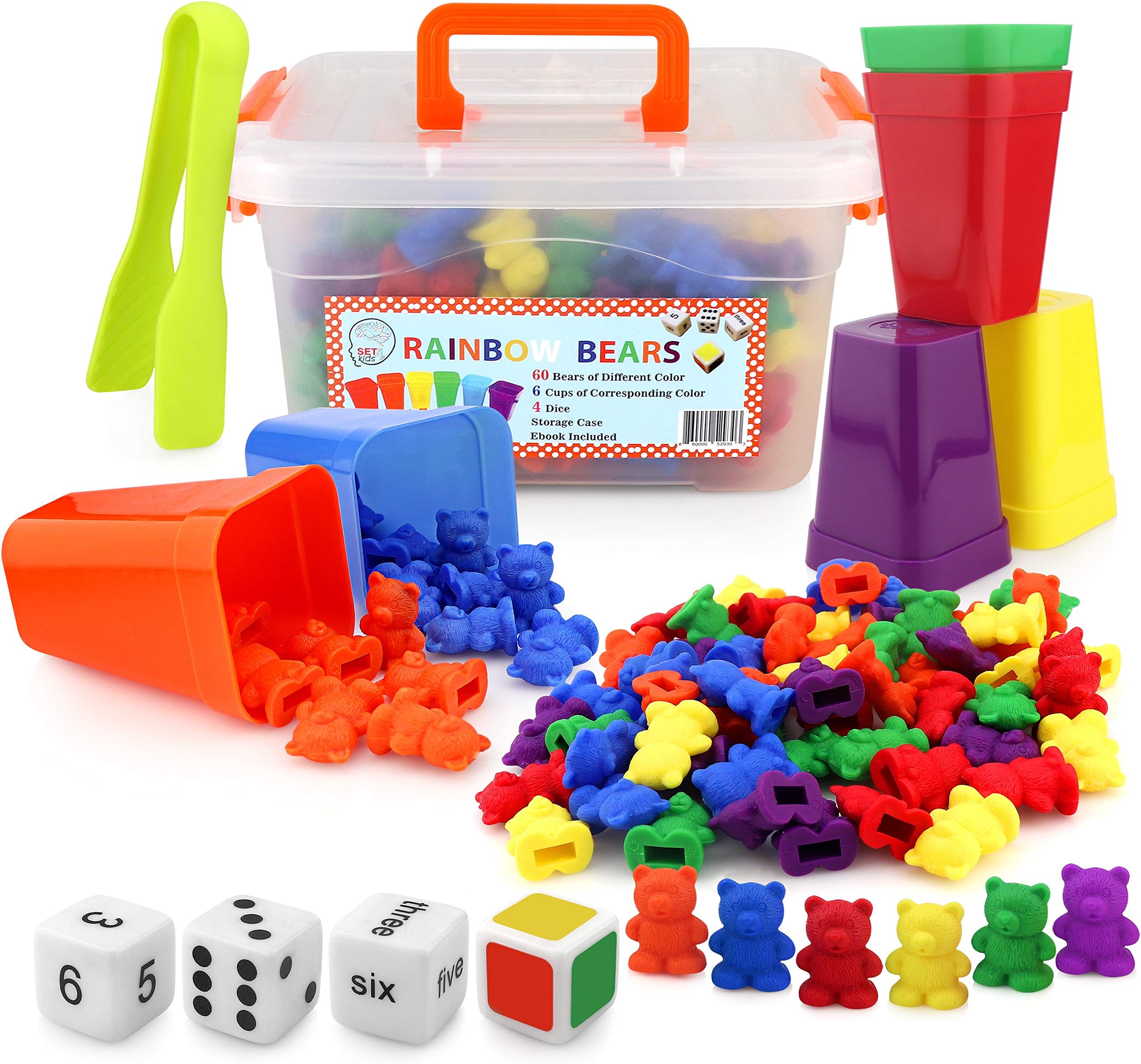 Counting Bears with Matching/Sorting Cups, 4 Dice, Tweezers and an Activity e-Book. for Toddler Games | Early Childhood Education. 71 pc Game Set