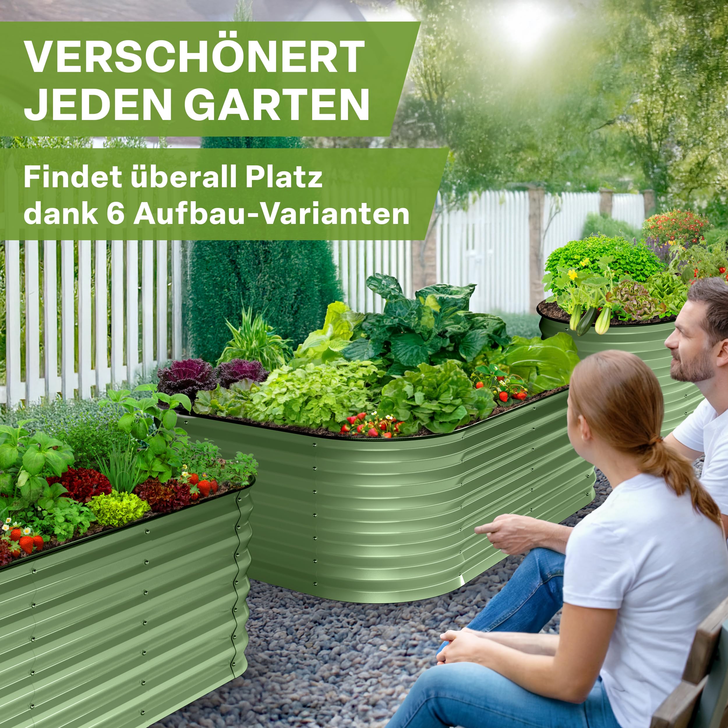 TTL GARDEN 200x60x45cm Metall Hochbeet Fusion 6-in-1 Salbei Grün - Stahl | - Rostfrei verzinkt & lackiert 45cm hoch 60cm breit Wellblech Form oval stabil Garten Beet Gemüse Kräuter Blumen Gartenbeet