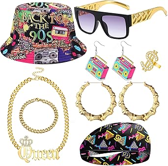 Hip Hop Costume Kit 80s/90s Accessories for Women Men Rapper Outfits Bucket Hat Headband Sunglasses Ring Gold Chain Bamboo Hoop Earring