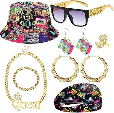 Hip Hop Costume Kit 80s/90s Accessories for Women Men Rapper Outfits Bucket Hat Headband Sunglasses Ring Gold Chain Bamboo Hoop Earring