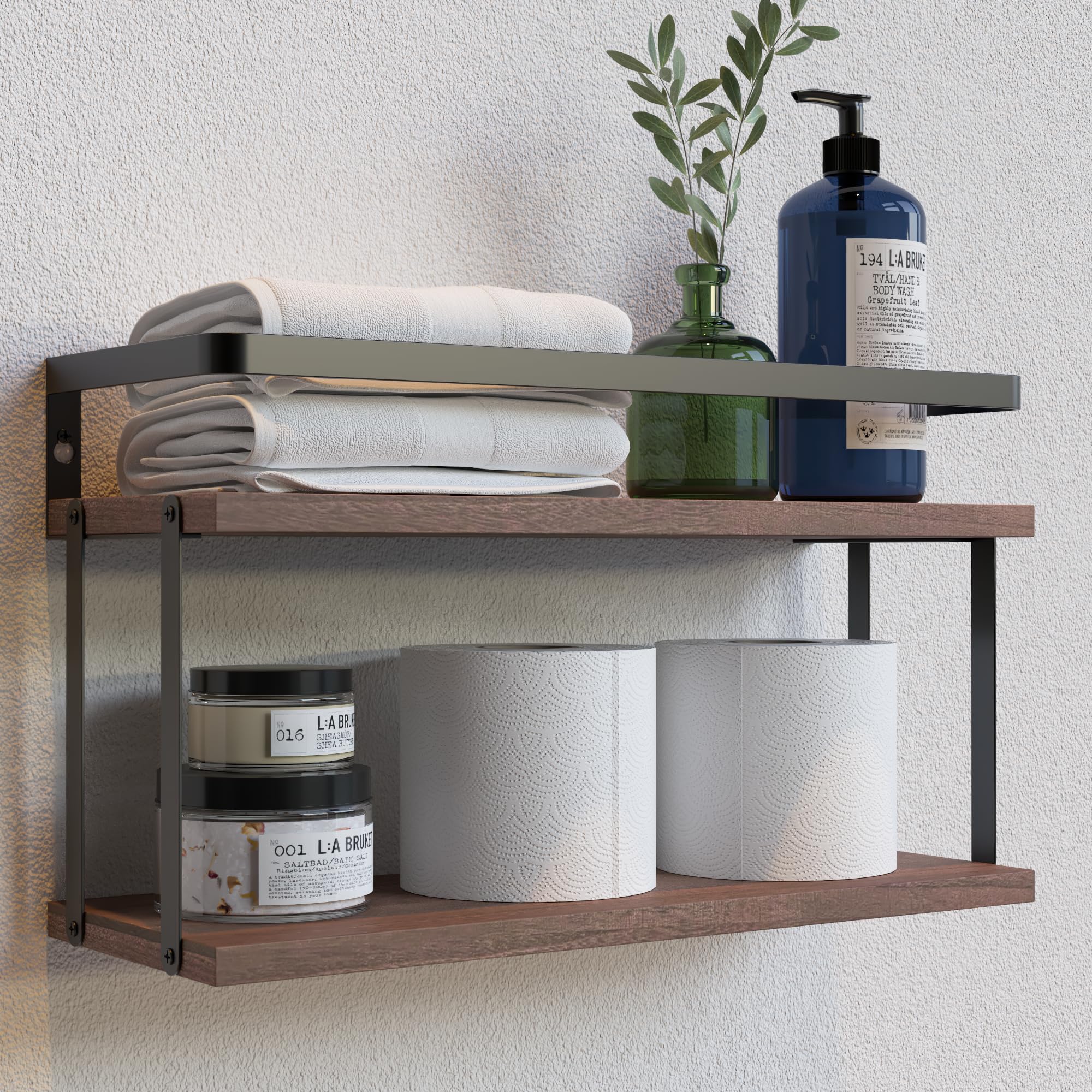RICHER HOUSE Dual-Level Guardrail Bathroom Shelves, Wood Floating Shelf Wall Mounted, Over Toilet Paper Storage Shelf for Bathroom Wall Decor, Bathroom Organizers and Kitchen Storage - Rustic Brown