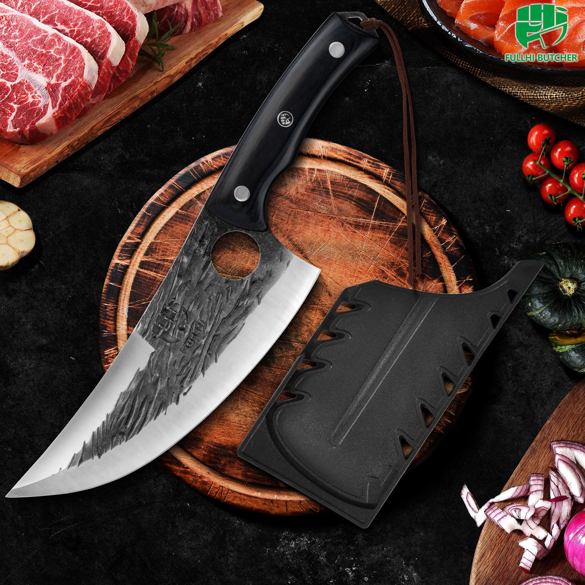 FULLHI Cuchillo de carnicero con funda, cuchillo de chef Tang serbio, cuchillo para verduras con cuchilla de acero al carbono para