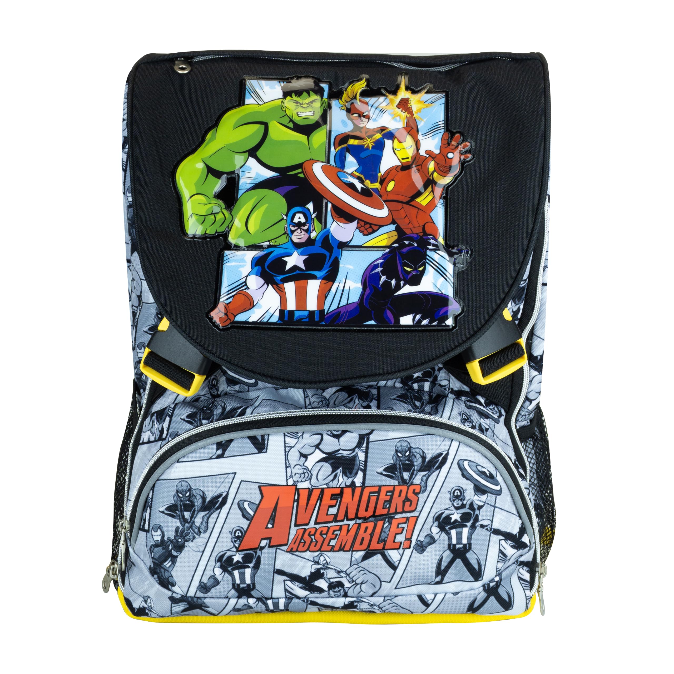 Zaino Estensibile Avengers Cerdà | Licenza Ufficiale Marvel | 20-30L | Scuola Bambini Elementari e Medie | Grigio e Nero con Patch PVC e Bande Retroriflettenti