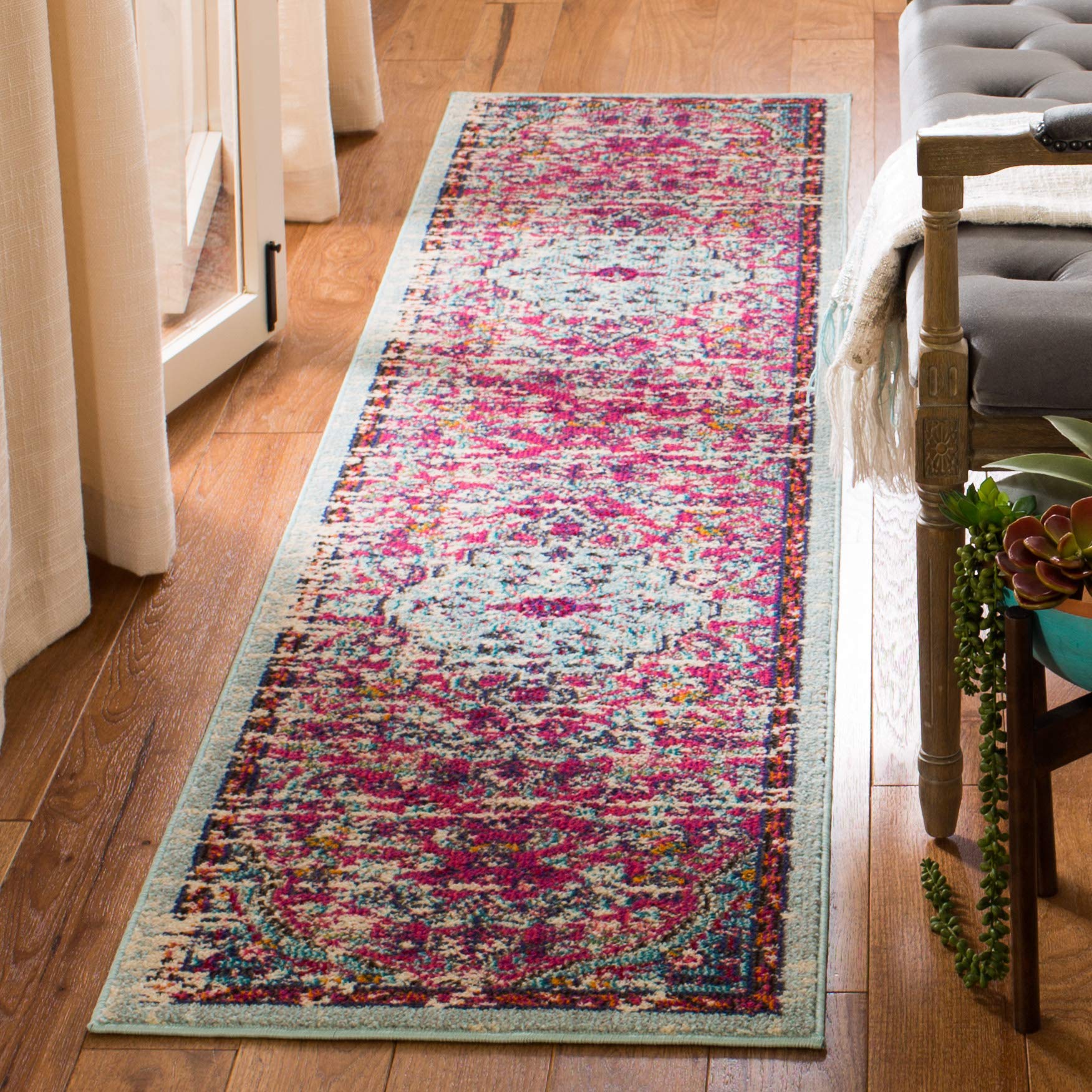 SAFAVIEH Madison Collection Runner Rug - 2'2" x 12', Fuchsia & Teal, Boho Chic Medallion Distressed Design, Non-Shedding & Easy Care, Ideal for High