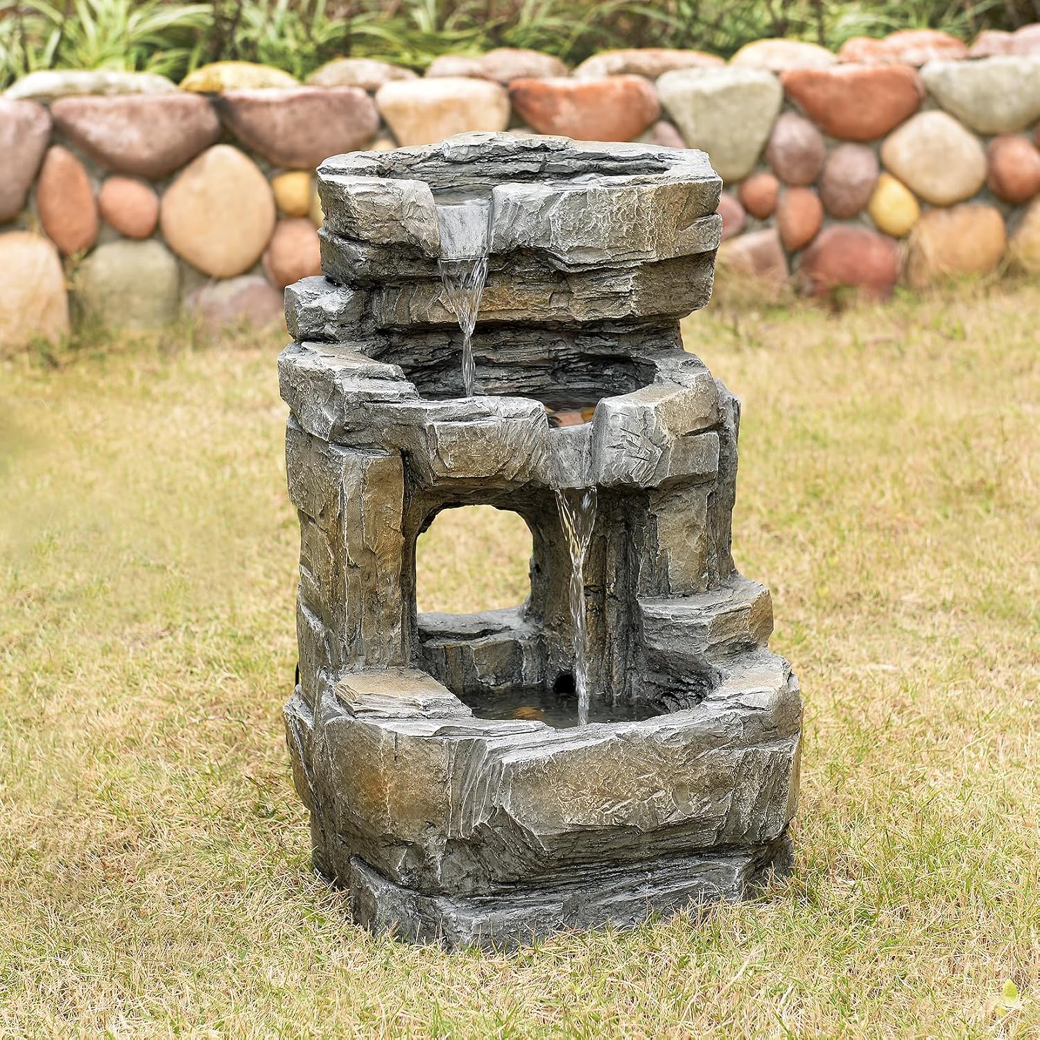 Kalona Outdoor Waterfall Fountain with LED Lights - 3-Tier Resin Rock Water Feature for Garden Patio Backyard, 21.5" Tall Fountain Decor 24392