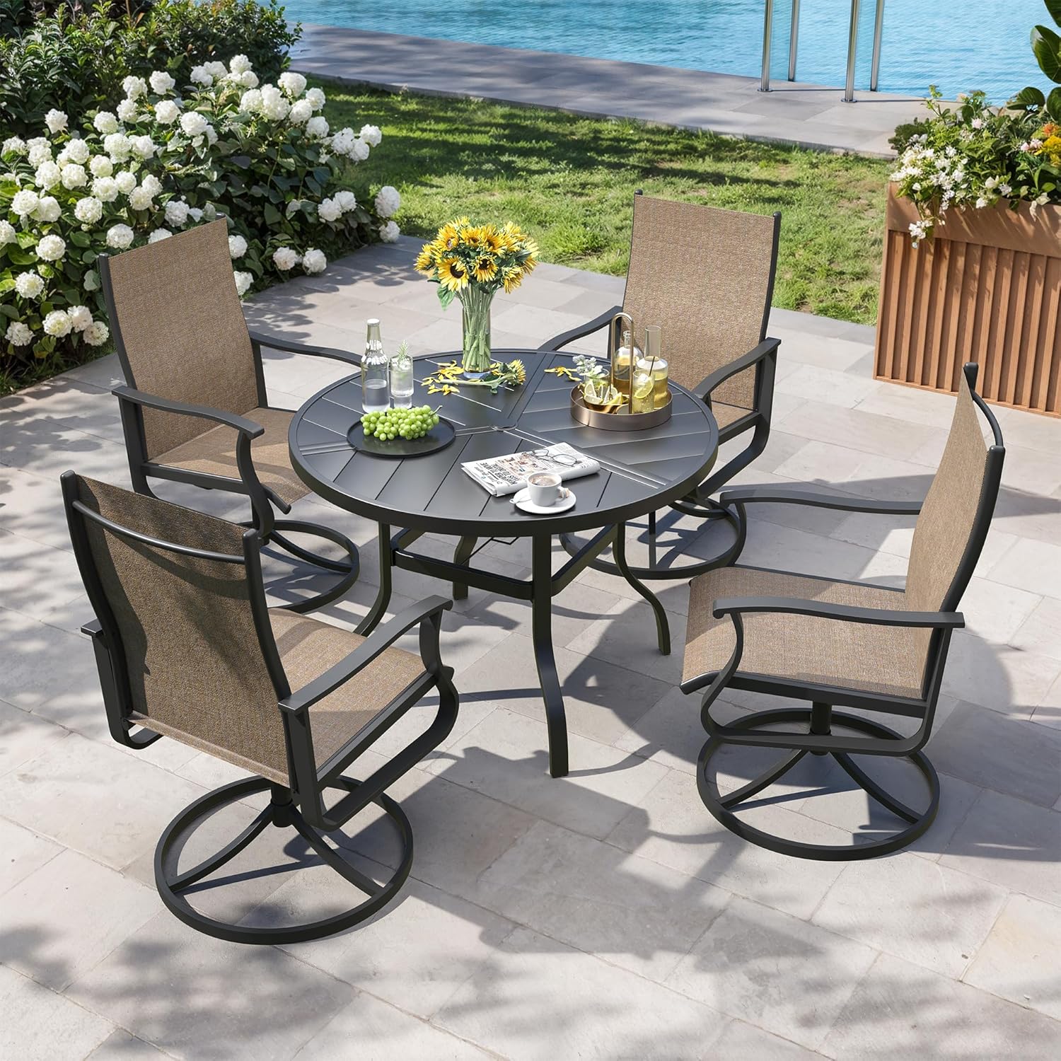 5 Pieces Patio Dining Set, Patio Outdoor Furniture Set of 4 Patio Swivel Dining Chairs and 39" Patio Spliced Round Tabletop with Umbrella Hole, for Deck, Backyard, Poolside & Garden