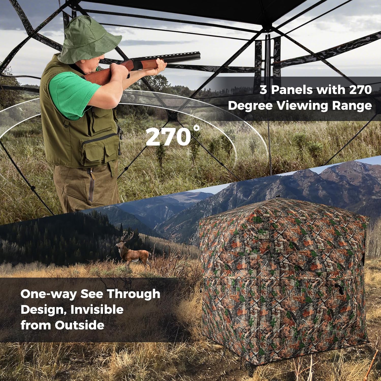Goplus 82” 3-4 Person Hunting Blind, 270° One-Way See-Through Pop Up Hunting Tent w/8 Ground Stakes & 4 Wind Ropes, Silent Sliding Windows, Carry Bag, Portable Camouflage Deer Bind for Turkey Hunting