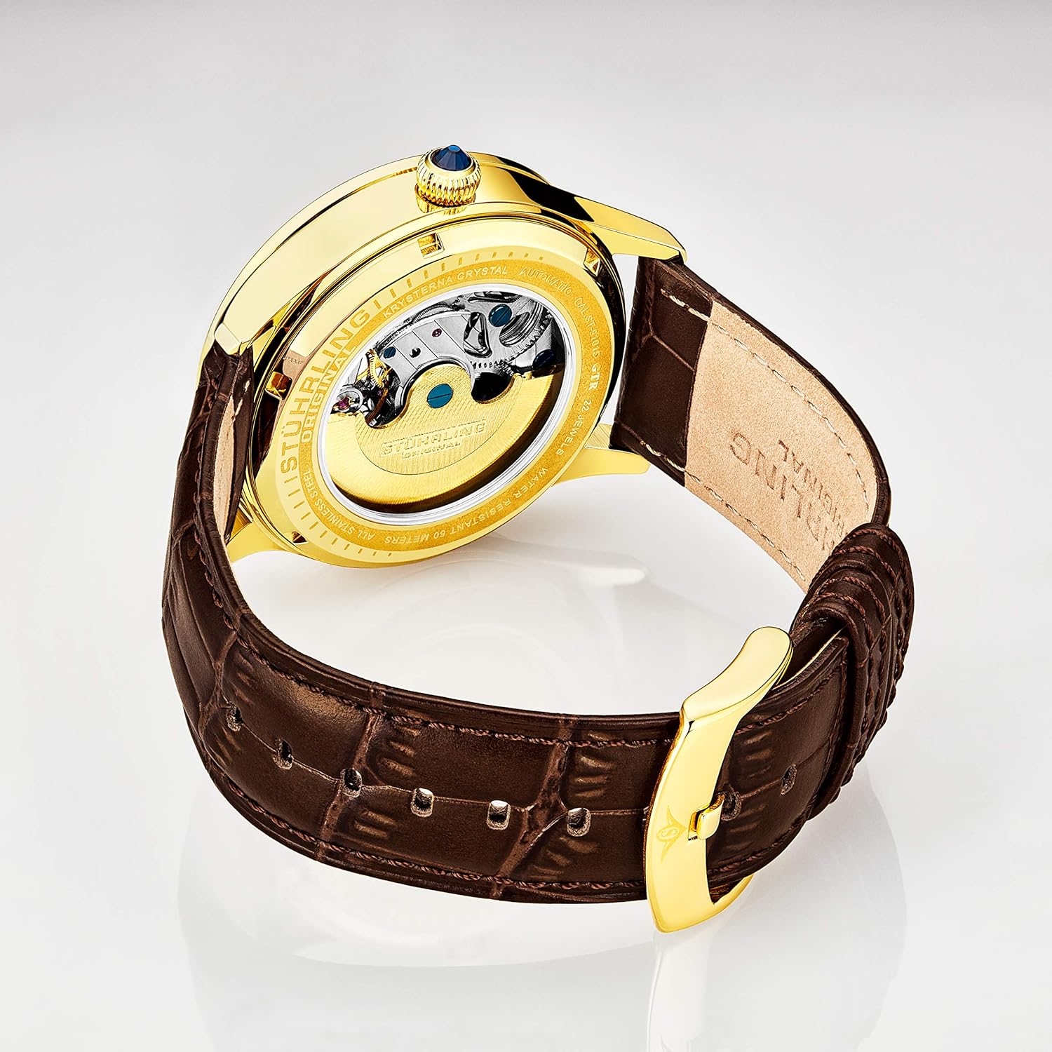 Stührling Original Automatic Watch for Men Skeleton Watch Dial, Dual Time, AM/PM Sun Moon, Leather Band, 571 Mens Watches Series (Gold-A)