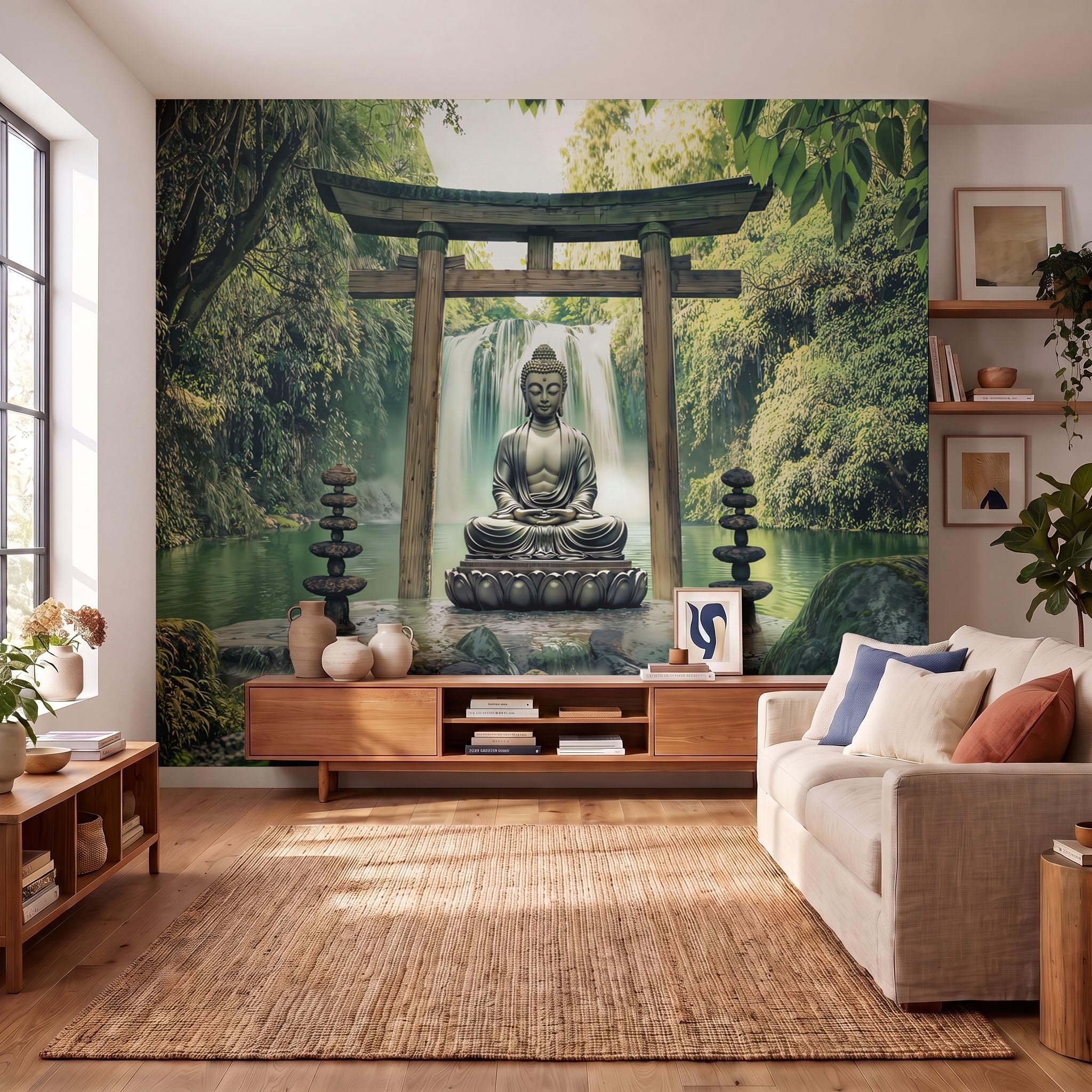 Carta da Parati Panoramica Paesaggio naturale in stile zen | Statue di Buddha, porte Torii, foresta Carta Da Parati Fotografica 300x210cm Da Parete Per Soggiorno Camera Da Letto Murali Seta Verde