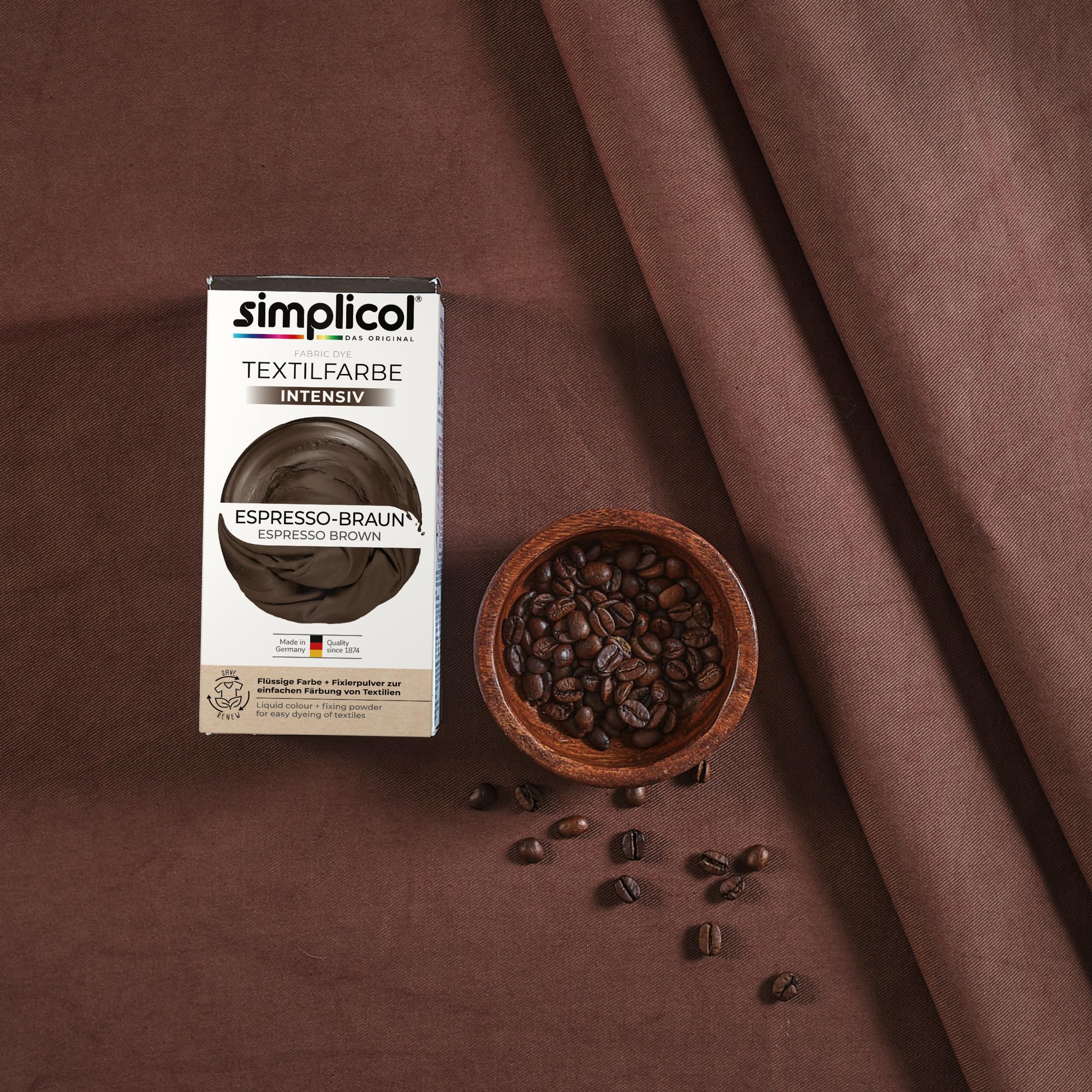 simplicol Textilfarbe intensiv Espresso-Braun | Einfaches Färben in der Waschmaschine | Flüssige Farbe & Fixierpulver