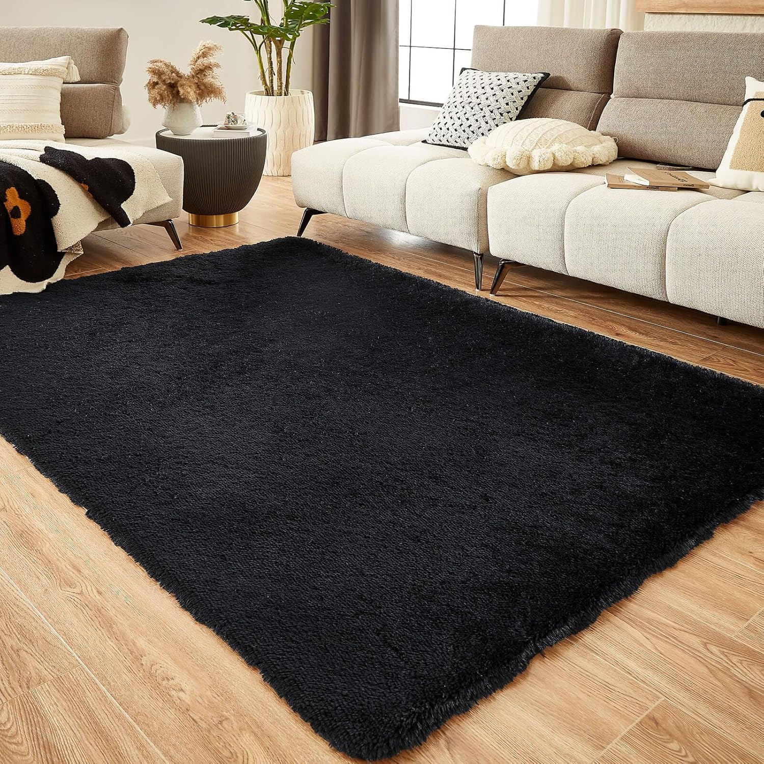 floralux 6x9 rugs for living room, black fluffy area rug for bedroom, non-slip, ultra soft plush shag carpet for kids boys girls room, playroom, home decor aesthetic black 6' x 9' (rectangular)