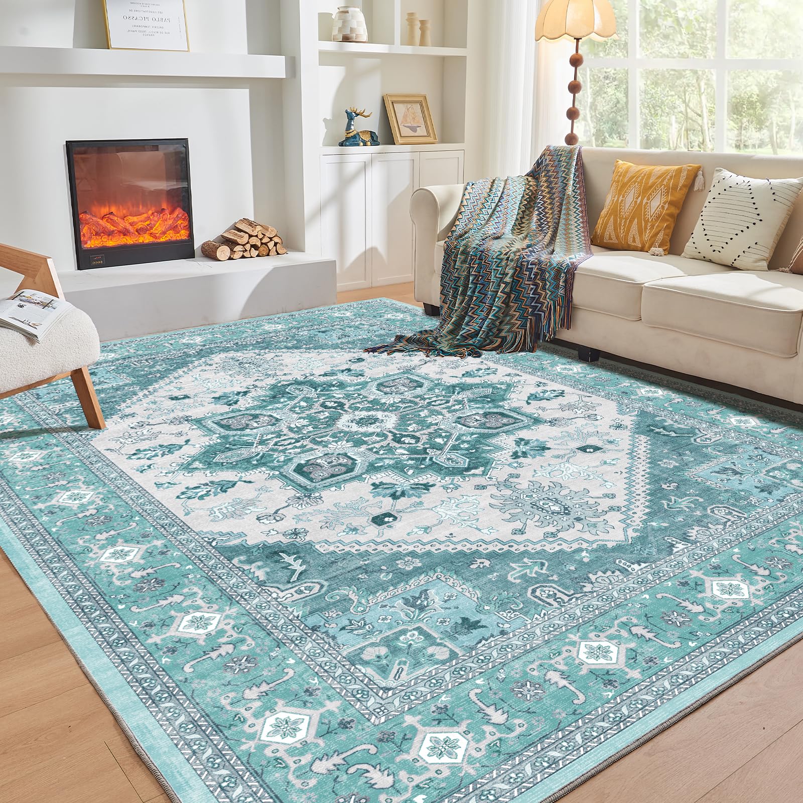 OPPODREAM Soft 6x9 Area Rugs, Washable Rug 6x9 with Non Slip Backing, Faux Cashmere Low-Pile 6 x 9 Carpet, Teal & Turquoise & Cream