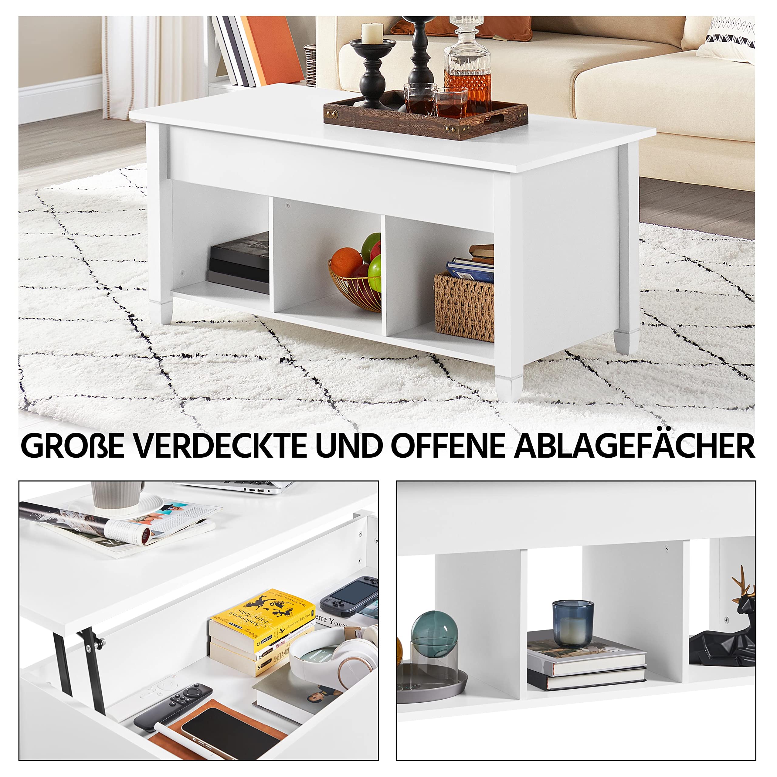 Yaheetech Couchtisch höhenverstellbar Kaffeetisch mit Hebeplatte Hubtisch versteckter Stauraum Beistelltisch aus Holz Sofatisch für Wohnzimmer Weiß