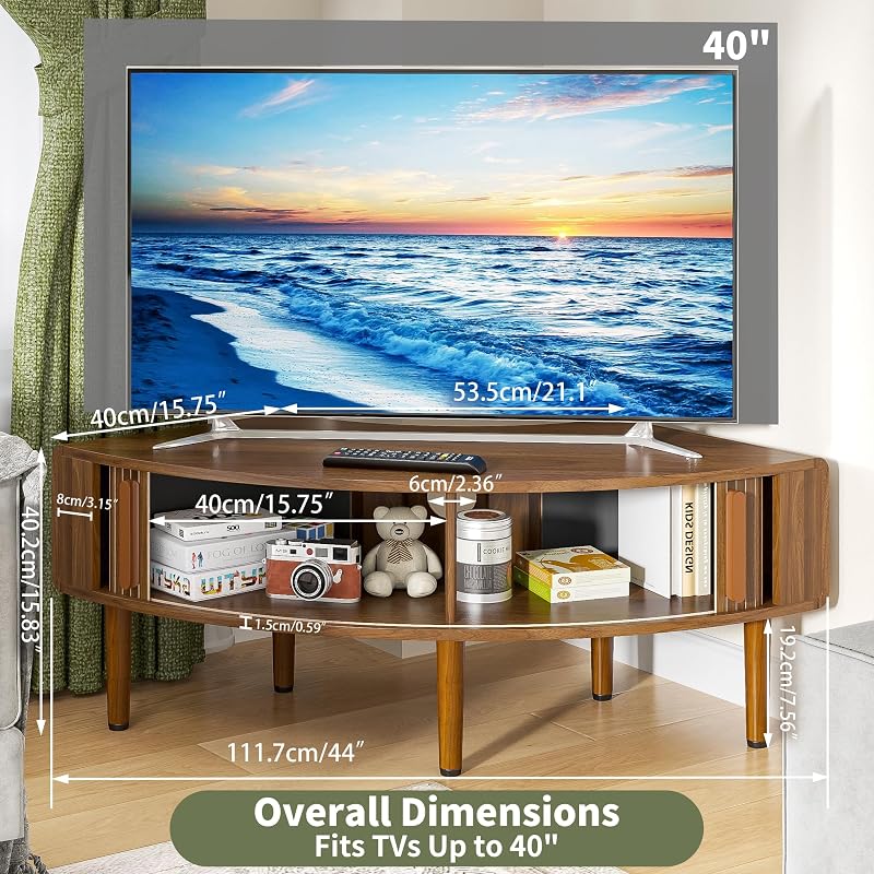 44 Inch Curved Corner TV Stand for Ups to 40" TVS, Walnut image 6