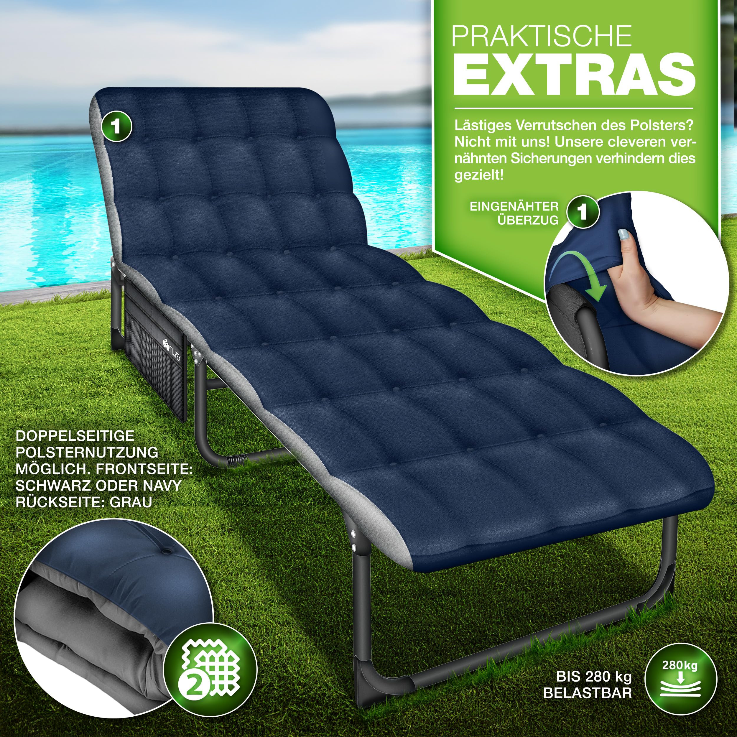 tillvex® Lit de camping pliable avec sac de transport et coussin de nuque - Charge maximale : 280 kg - Chaise longue de camping avec rembourrage - Pour l'extérieur et l'intérieur - Lit d'invité