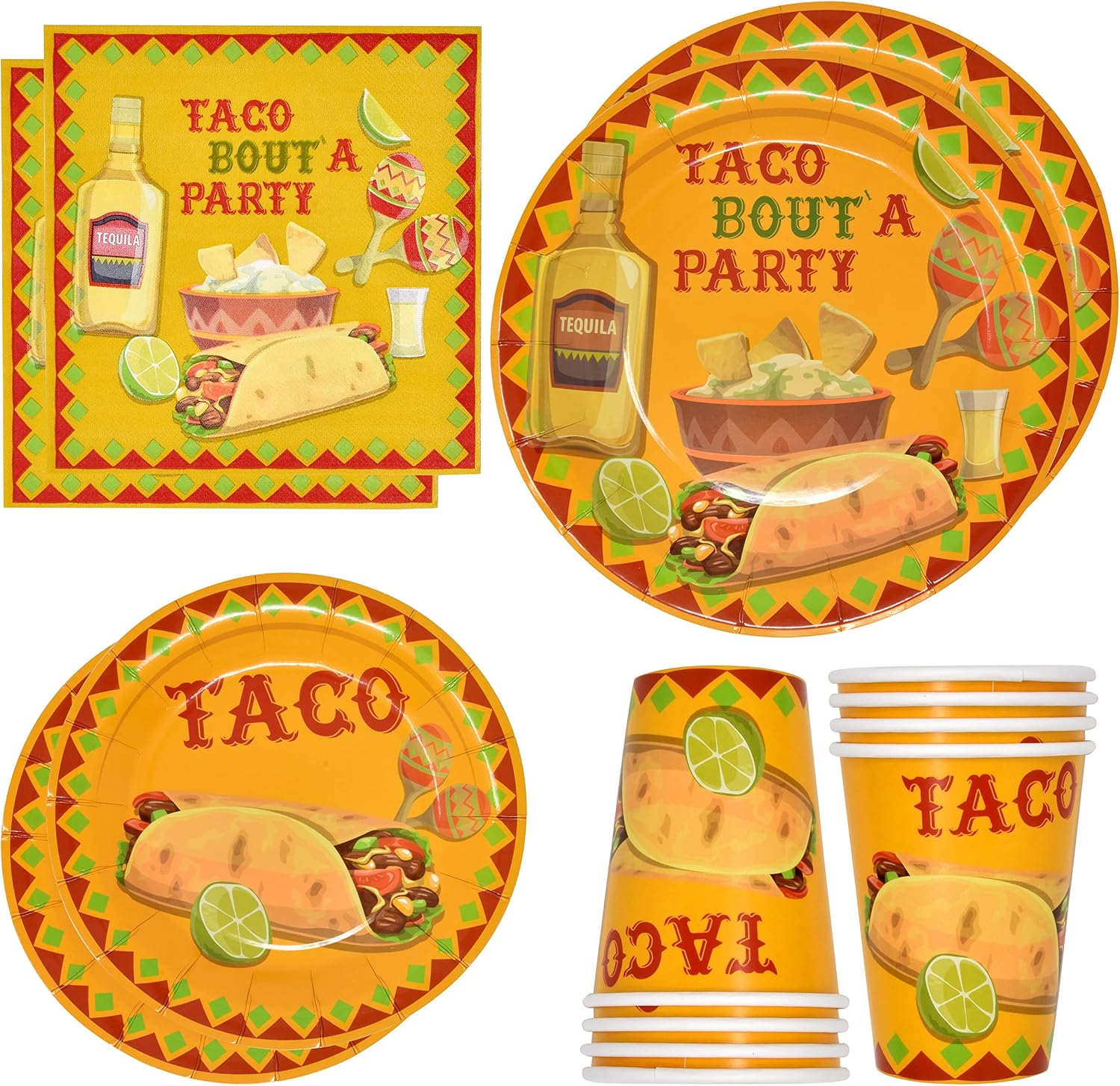 Gift Boutique - Taco Party Set Serves 24, Includes 9" Dinner Plates, 7" Dessert Plates, 9 Oz Cups, and 13" x 13" Napkins