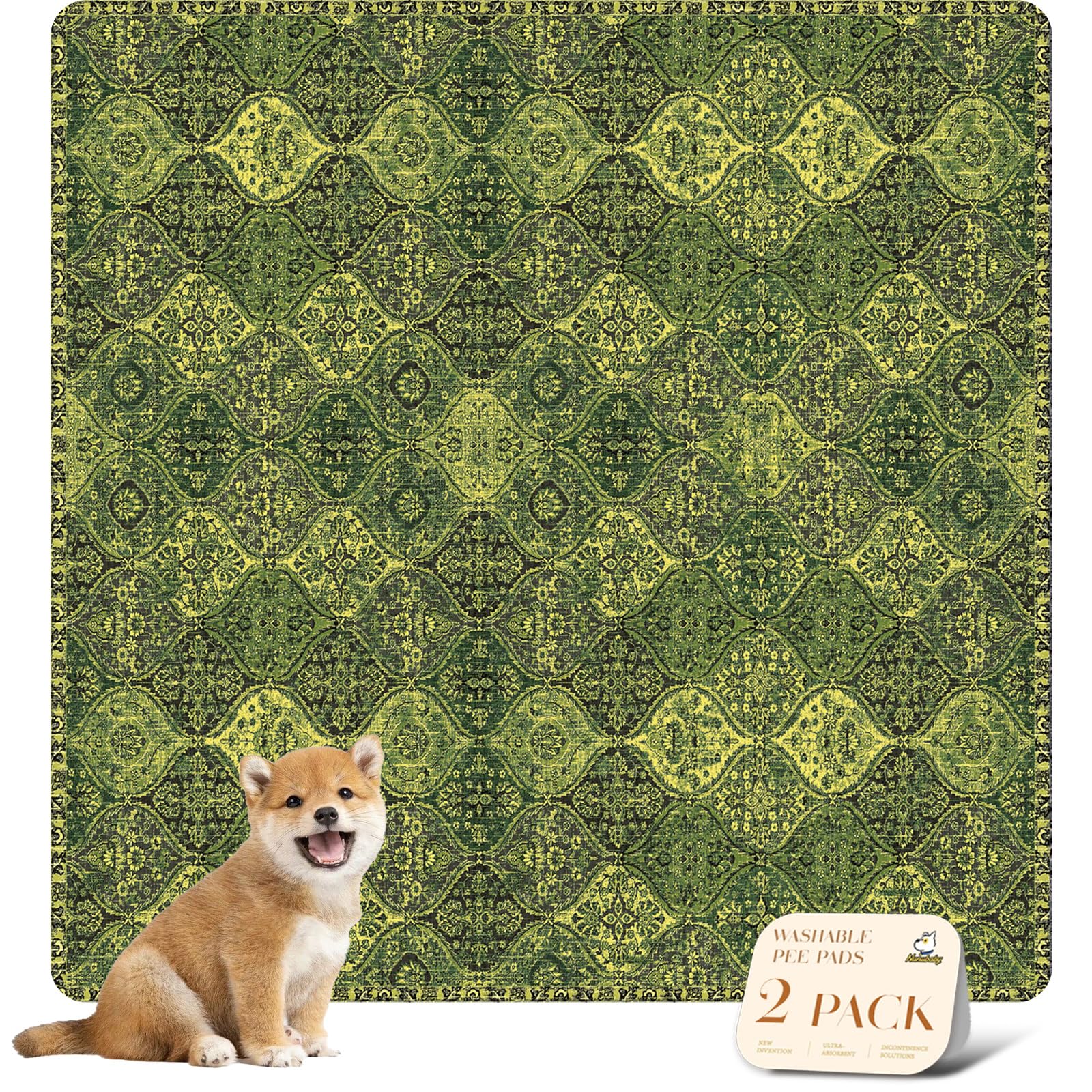 nunubaby Washable Pee Pads for Dogs, Stylish, Non-Slip and Leak-Proof Pee Pads. Reusable Potty Pads for Dogs for Crates and Floors.(Green/Multi,48" x48" )