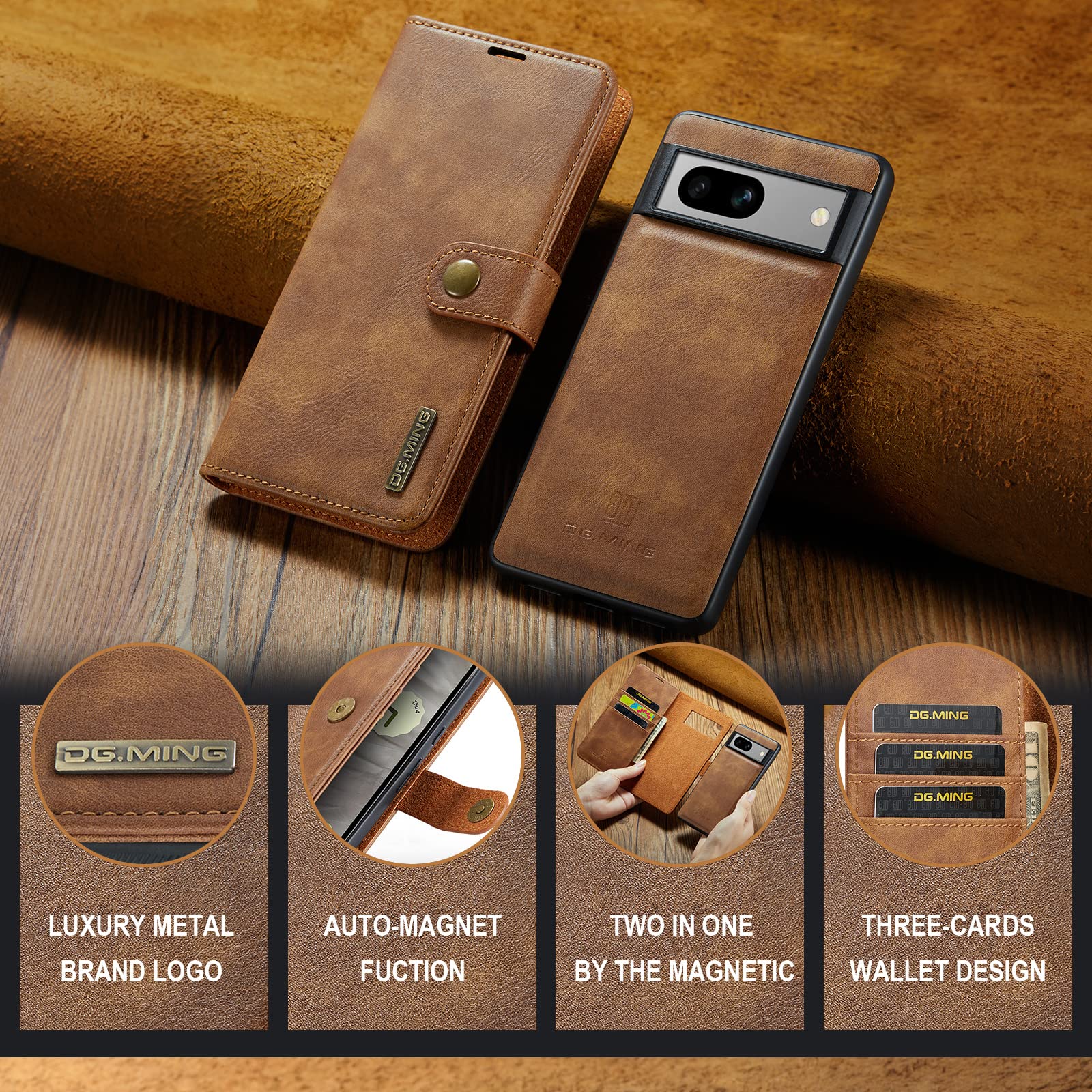 Funda Cartera para Google Pixel 10 Pro con Soporte Plegable, Marrón | Funda Interior Extraíble, Cuero Vacuno de Serraje, 3 Ranuras para Tarjetas y Bolsillo, Cierre Magnético, Soporte Plegable