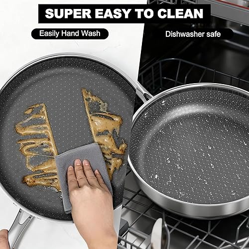 Miniatura 5 de imarku Sartenes antiadherentes, sartén de acero inoxidable de 12 pulgadas, sartén híbrida con tapa, sartén profunda y grande, apta para lavavajillas