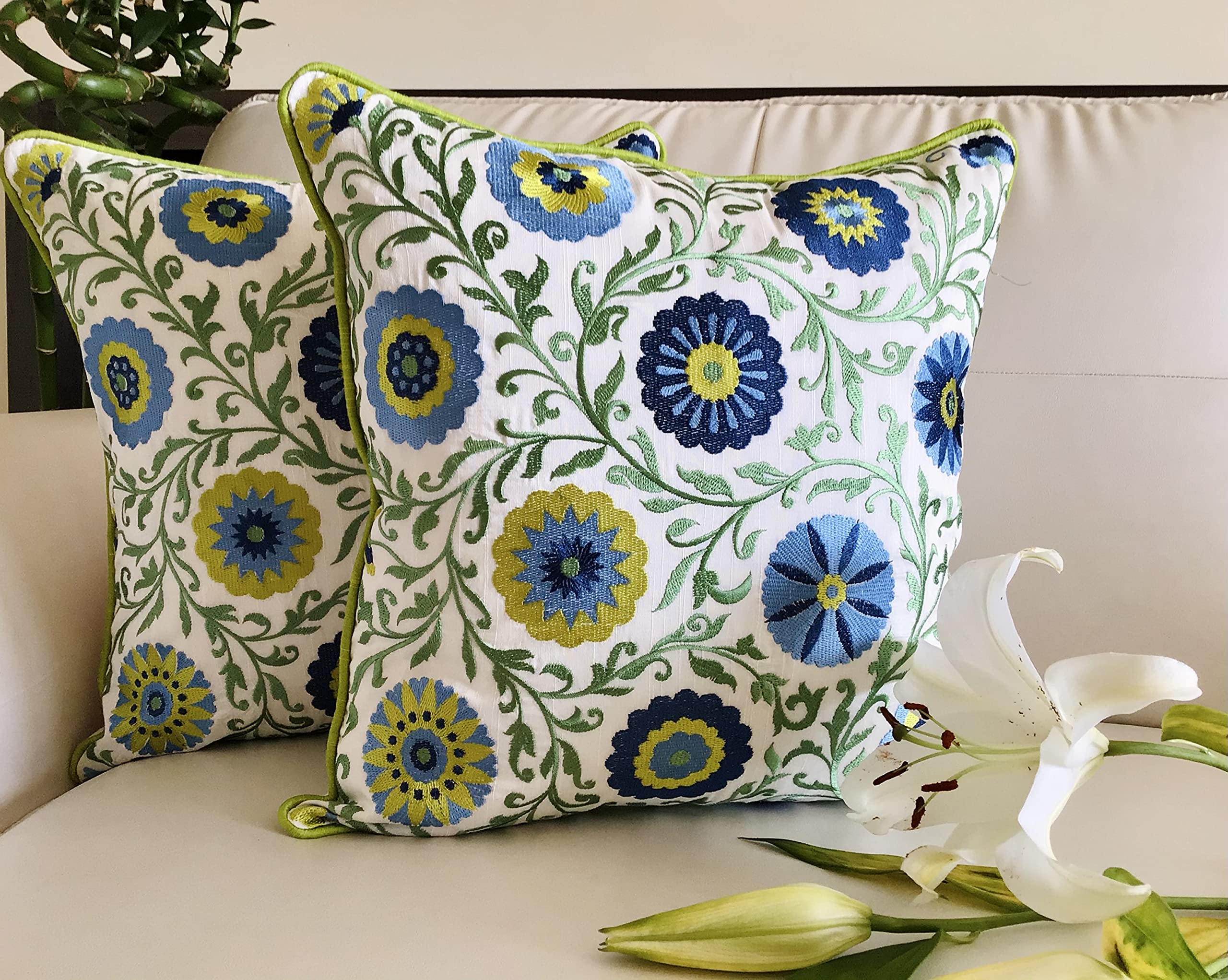 TARA- Sparkling Homes Embroidered Cushion Covers 18 x 18 inch Set of 2, 'Shaan-e-Gulmarg', Floral Garden (18 x 18 Inches, Blue & Green)