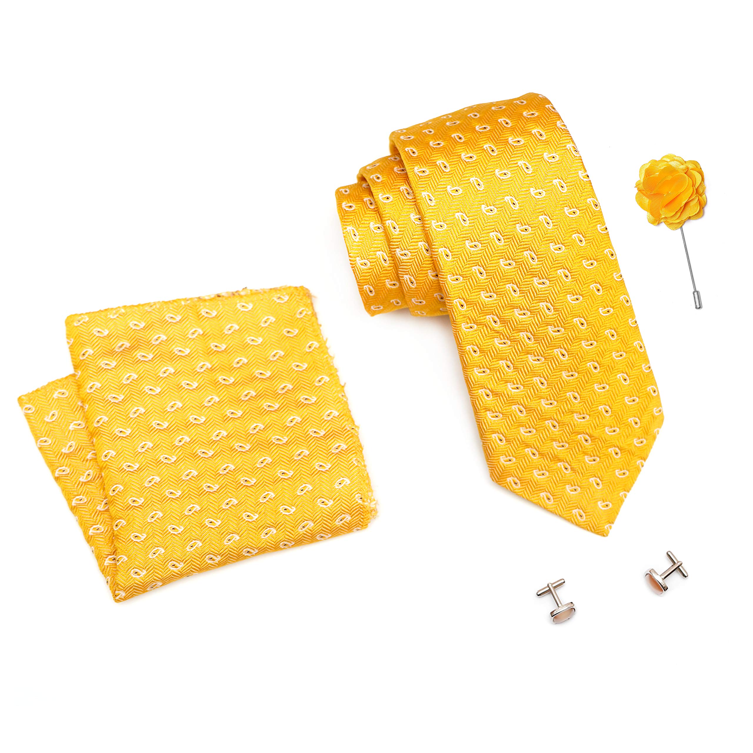 rizoro Mens Plaid Pasiley Silk Necktie Tie Gift Set With Pocket Square, Cufflinks & Brooch Pin Formal Tie With Leatherite Box (AMBICRB, Free Size)-picture-15