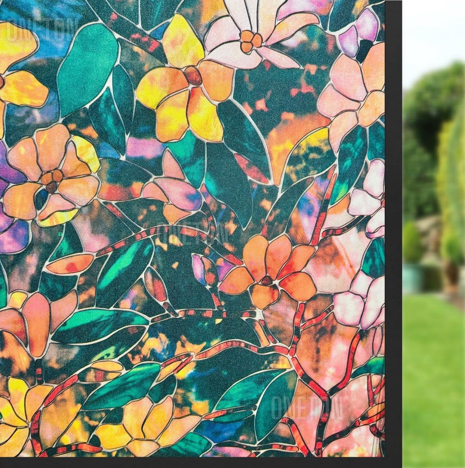 ONETON Frosted Glass Window Film Self Adheisve Decoartive Window Privacy Sheet Film UV Control Static Cling Removable Vinyl Frosted Privacy Film 16x48 Inch Color Flower
