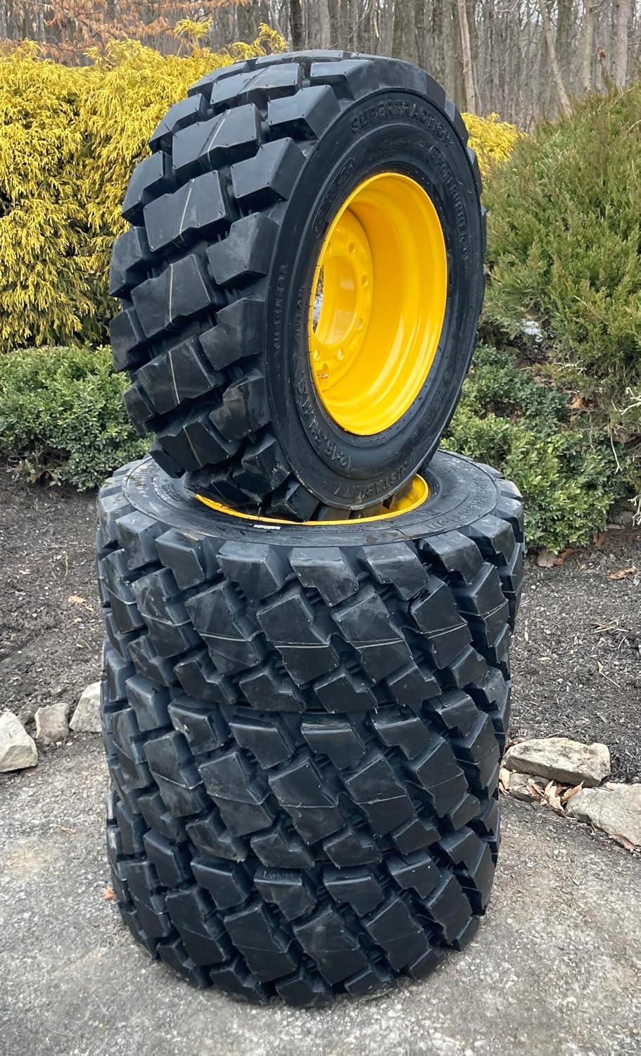 Set of 4-Heavy Duty 12-16.5 Forerunner SKS-7 Skid Steer Tires on Wheels/Rims (8 lug) for New Holland LS180 & more -14PLY-12X16.5 -Heavy duty non-directional tread pattern designed for extreme surfaces