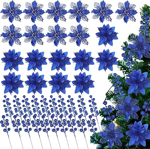 Miniatura 1 de Wavyknot 60 tallos de bayas artificiales con purpurina de 4 estilos, flores de Pascua artificiales de Navidad, adornos de árbol de Navidad, adornos