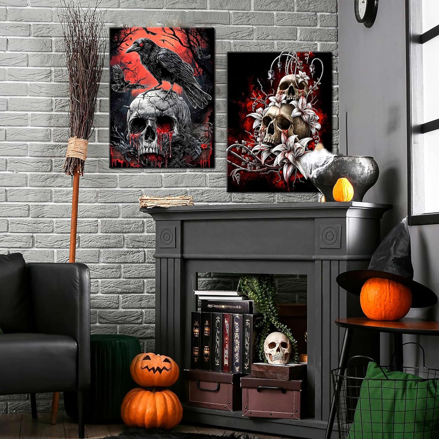 3 Piece Gothic Halloween Canvas Wall Art – Framed Dark Crow Floral Skull Prints, Spooky Romantic Aesthetic Gothic Pictures for Living Room, Bedroom, Bathroom Halloween Decor – 12x16in
