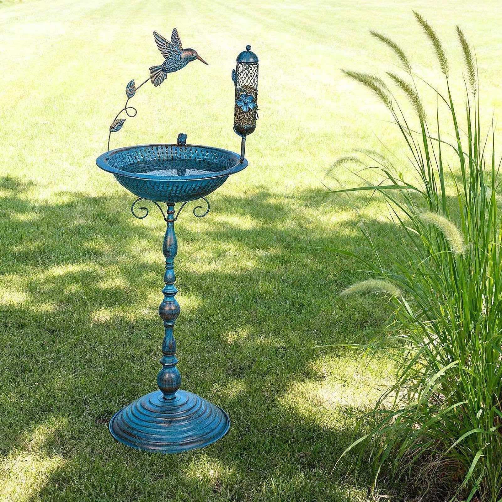 Cuenco de baño de hierro con estatua, comedero para pájaros y baño de jardín vintage, 33 cm x 103 cm
