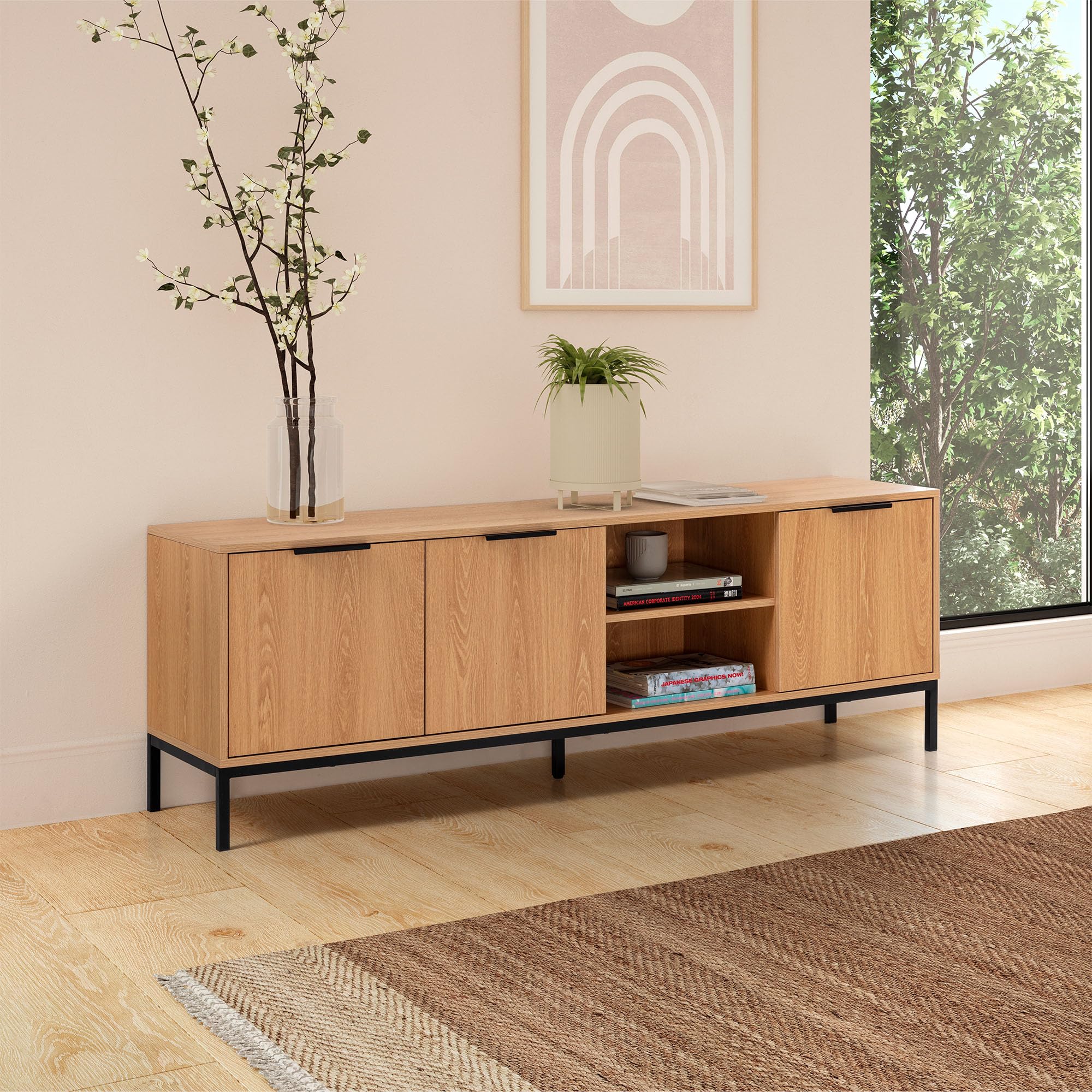 HOMN LIVING Mueble TV Auri 3 Puertas Color Roble, 160 cm (Ancho) 40 cm (Profundo) 55 cm (Altura)