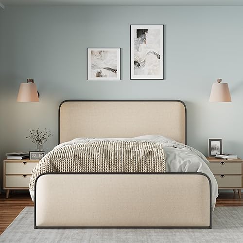 Miniatura 33 de SOFTSEA Cama de plataforma tapizada tamaño Queen con cajón de almacenamiento, marco de cama tapizado con cabecera con respaldo de alas, soporte de