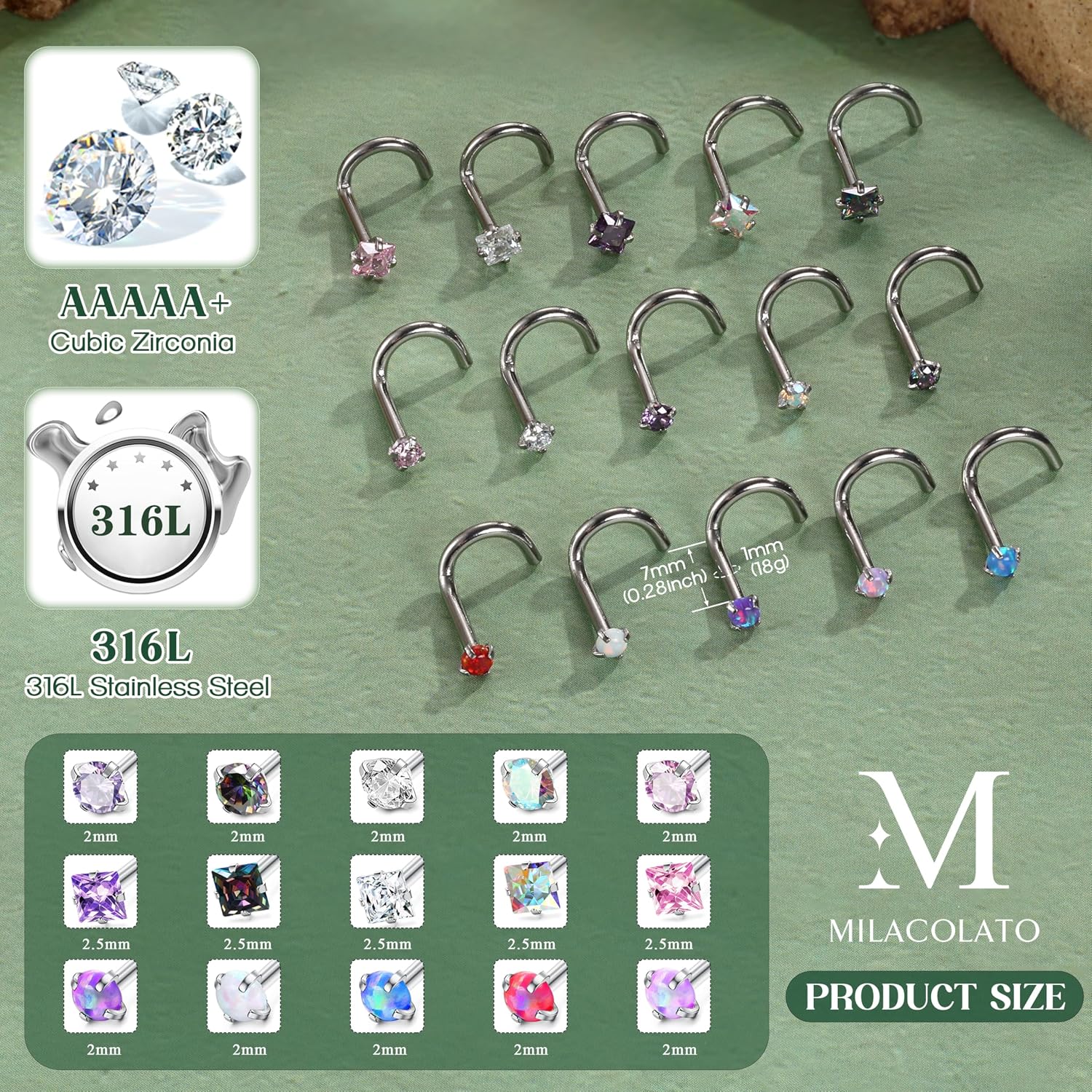 MILACOLATO Hypoallergenic Nose Rings for Women Men - 15Pcs 316L Surgical Stainless Steel Nose Rings Studs L Shaped/Corkscrew/Straight Studs Rings Cubic Zirconia Labret Lip Nose Nostril Piercing Jewelry 18G 20G