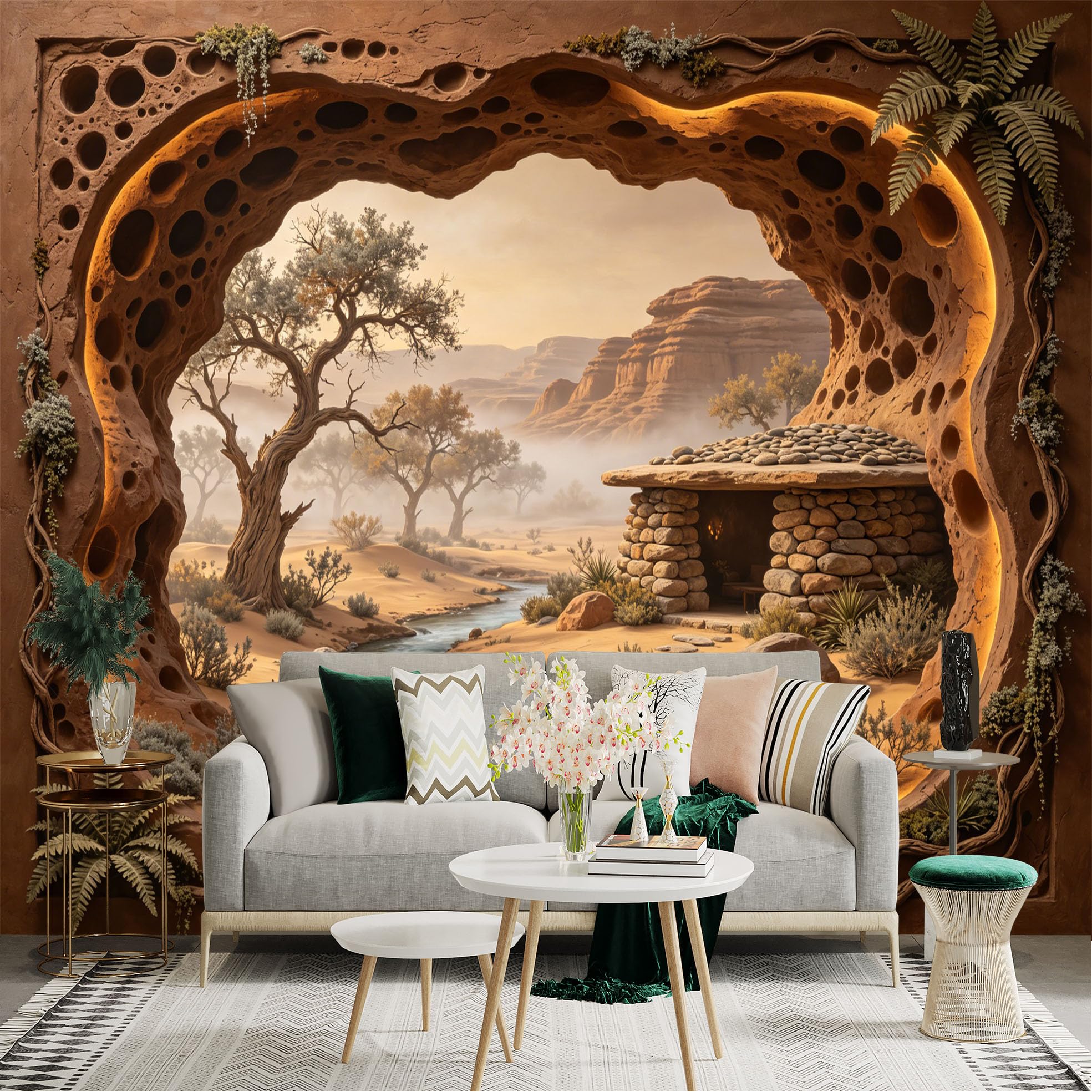 Custom Size Wall Sticker Mural， Desert Canyon with River， Stone House and Distant Mountains， for wall Decoration， peelandstick wall Decals.