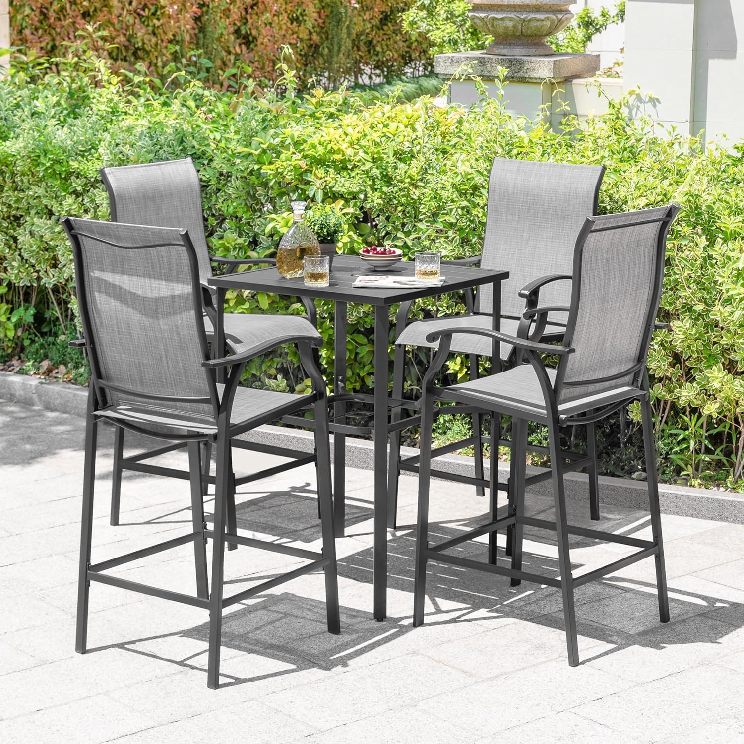NUU GARDEN 5 Piece Outdoor Bar Set, Bar Height Patio Bistro Set, Textilene Height Back Bar Stools with Footrest and High Top Table with Umbrella Hole for Pool Porch Balcony, Black and Gray